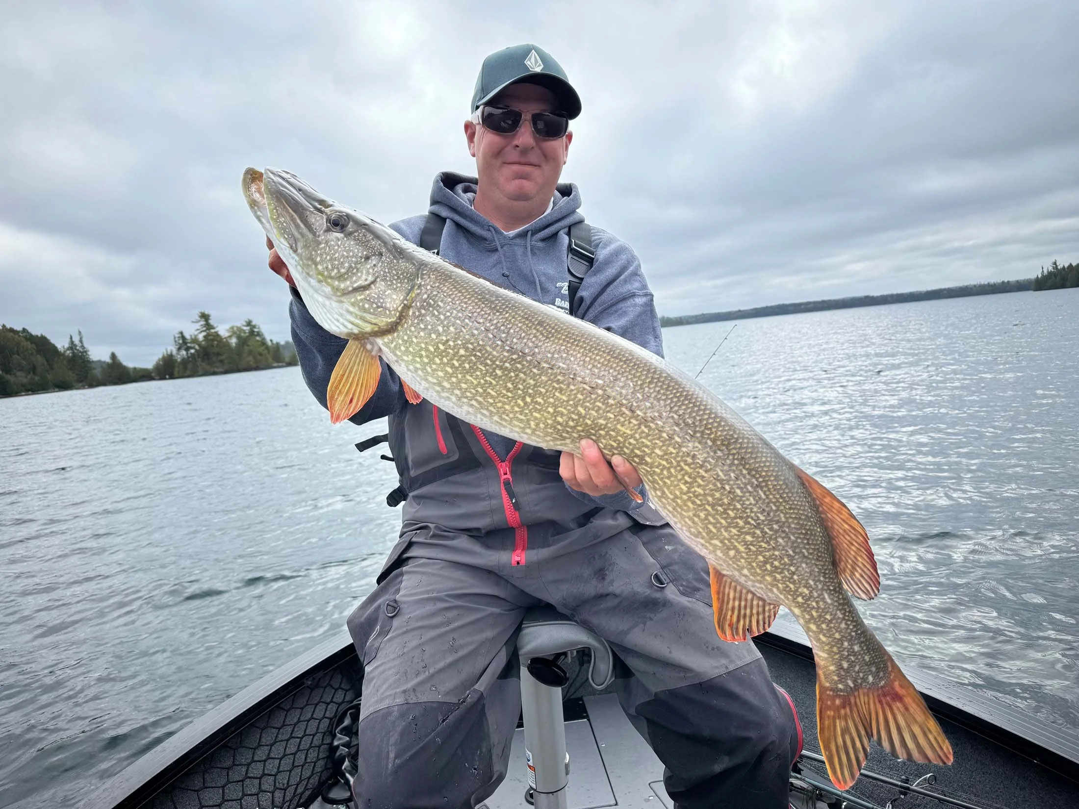 Man in gray hoodie and sunglasses holding a large fish on a boat on a cloudy day with water and trees in the background.