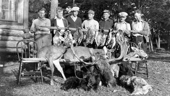 A group of nine women standing outdoors behind a bench with a deer, several dogs, and a hunter's rifle, with trees in the background.