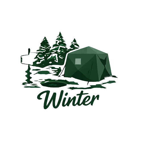 Winter scene with a tent near a lake surrounded by snow-covered trees.