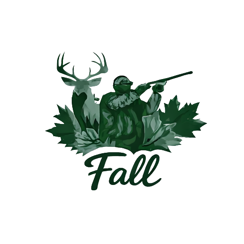 Illustration of a hunter with a rifle, a deer, and fall leaves, with the word 'Fall' at the bottom.