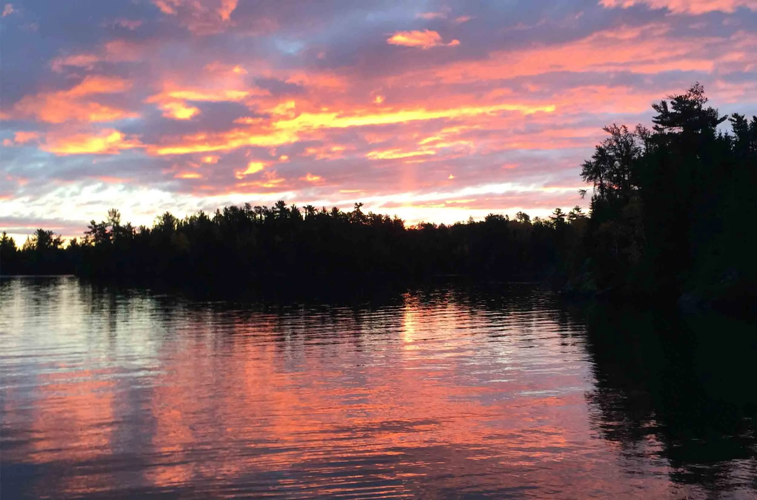 Sunset over a calm body of water with colorful pink, orange, and purple clouds and silhouetted trees along the horizon.