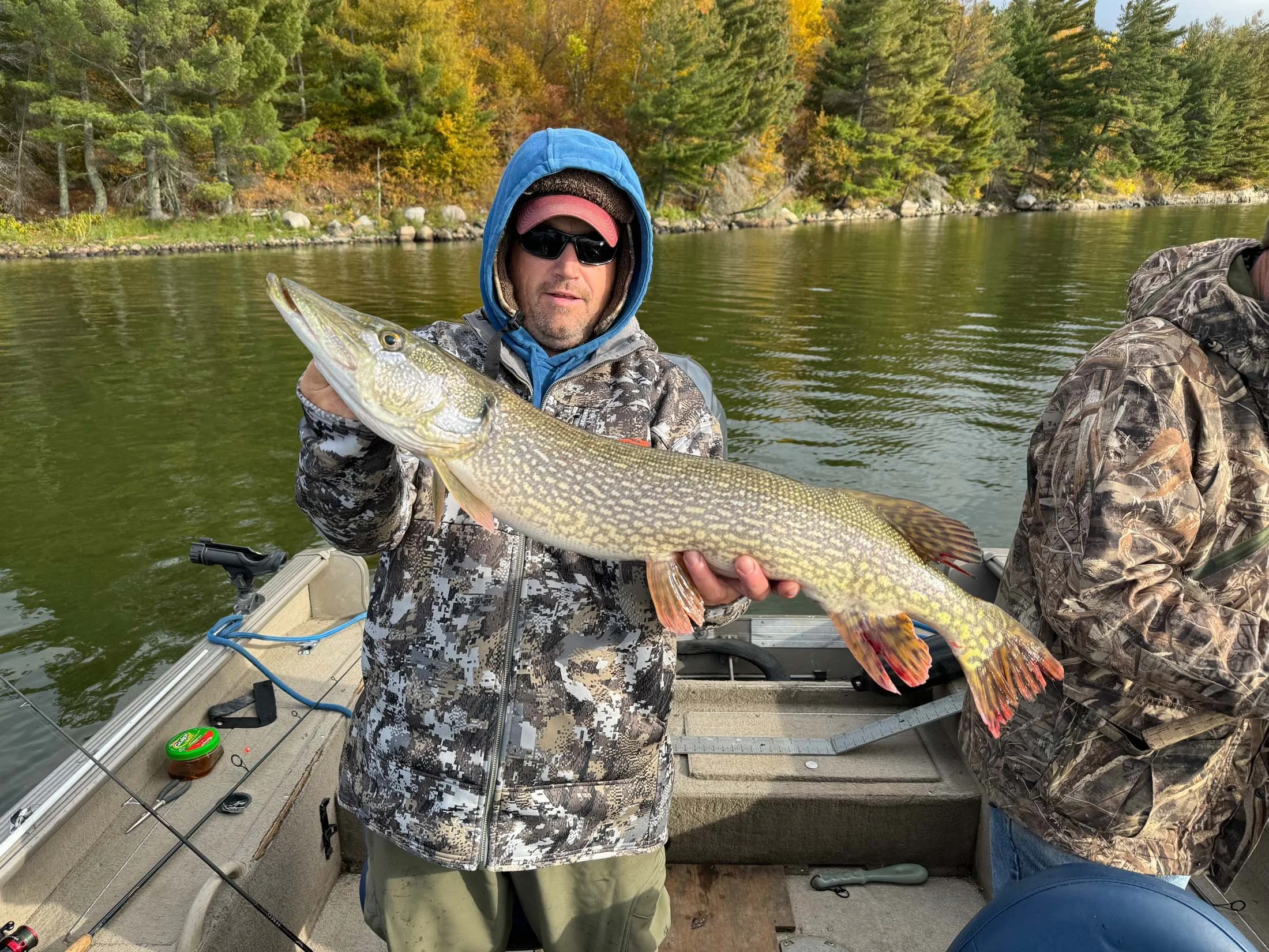 A man in camouflage clothing and sunglasses holds a large fish on a boat in a river, with trees displaying fall colors in the background.