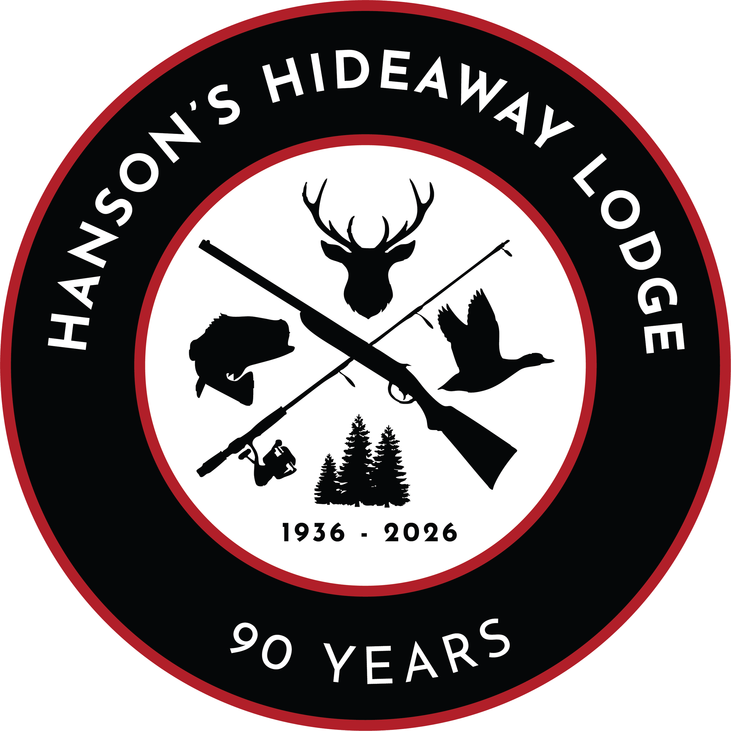 A circular emblem with a black background and red border, celebrating 90 years from 1936 to 2026, featuring a silhouette of a deer with antlers and two trees at the bottom, and surrounded by the words 'Hanson's Hideaway Lodge'.
