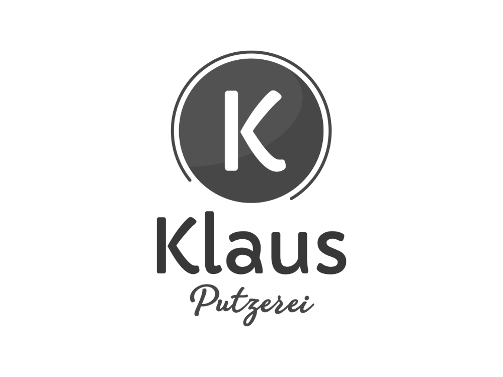 Logo mit einem schwarzen Kreis, darin ein stilisiertes K, darunter der Name "Klaus" und die Bezeichnung "Putzer" in einer eleganten Schrift.