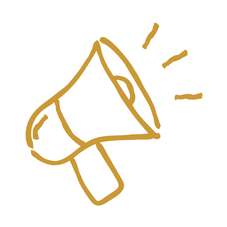 Gold outline drawing of a megaphone with sound lines on a black background.