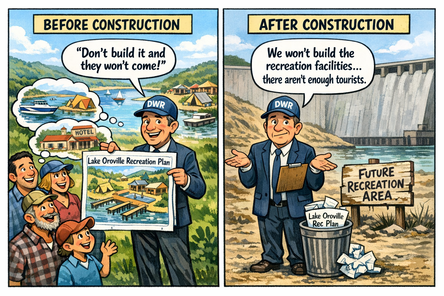 Before and after cartoon conveying the contradicting philosophy the State used to sell the dam and then justify not building the promised recreation.