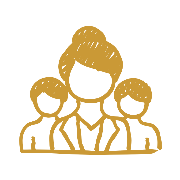 Outline drawing of three people, with one woman in the center and two children on either side, representing a family or a group of people.