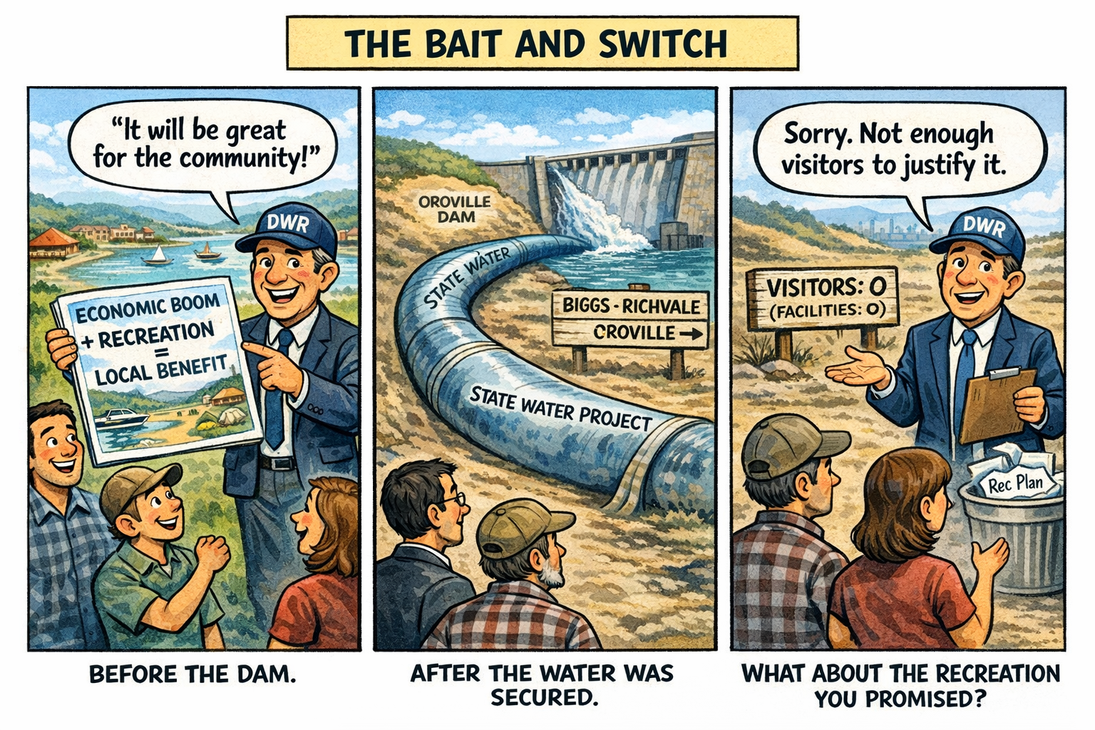 Cartoon showing DWR selling a recreation vision, and then saying not enough visitors to justify the vision.