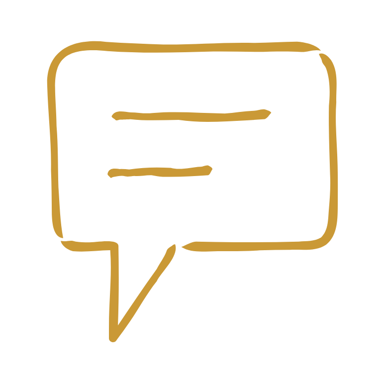Golden speech bubble outline with two horizontal lines inside, indicating text or conversation