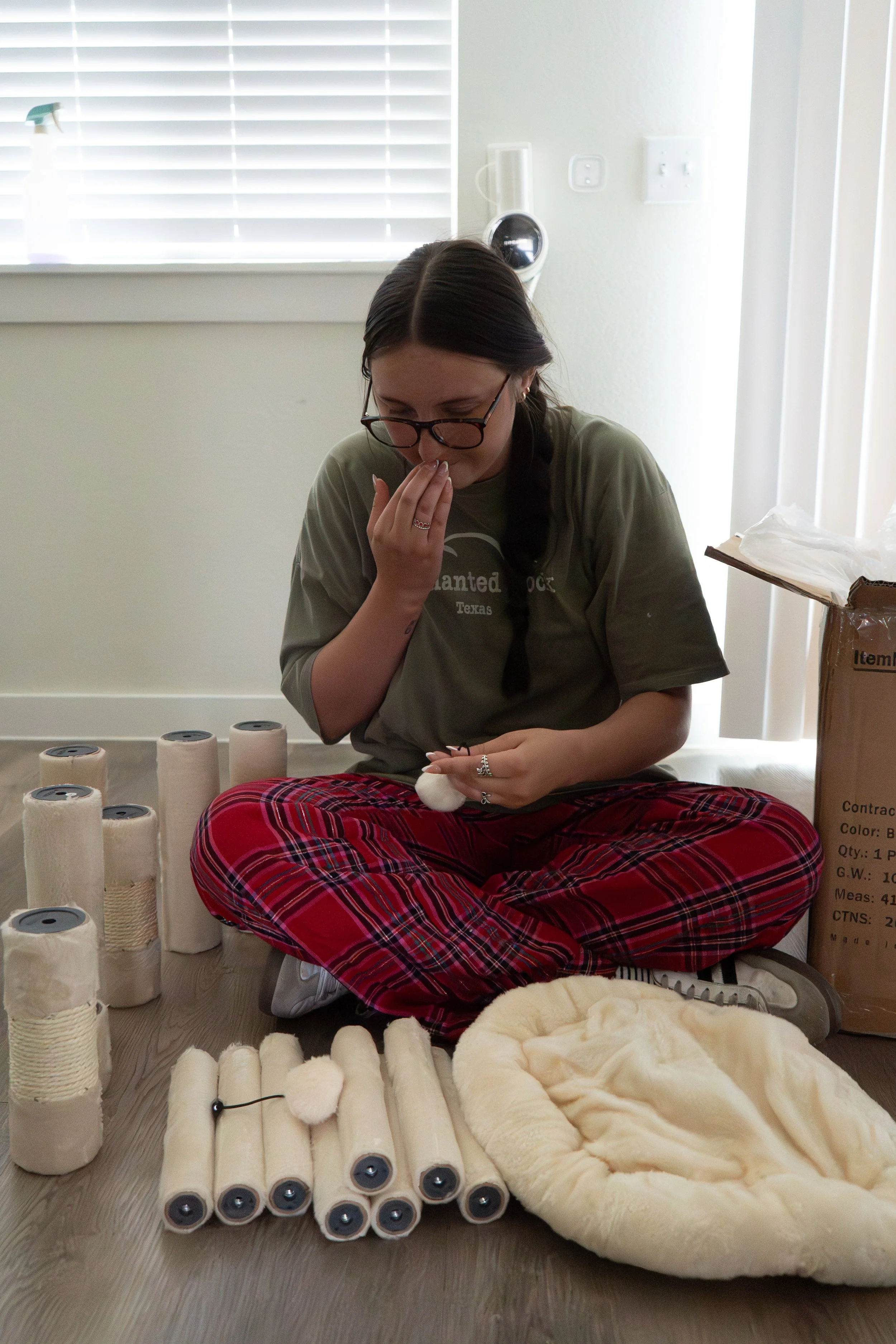 Figure it out
-
Makena attempts to build her cat Moe a new cat tree prior to her ex-boyfriend moving out.
She is now able to set up her apartment on her own and do what she wants.