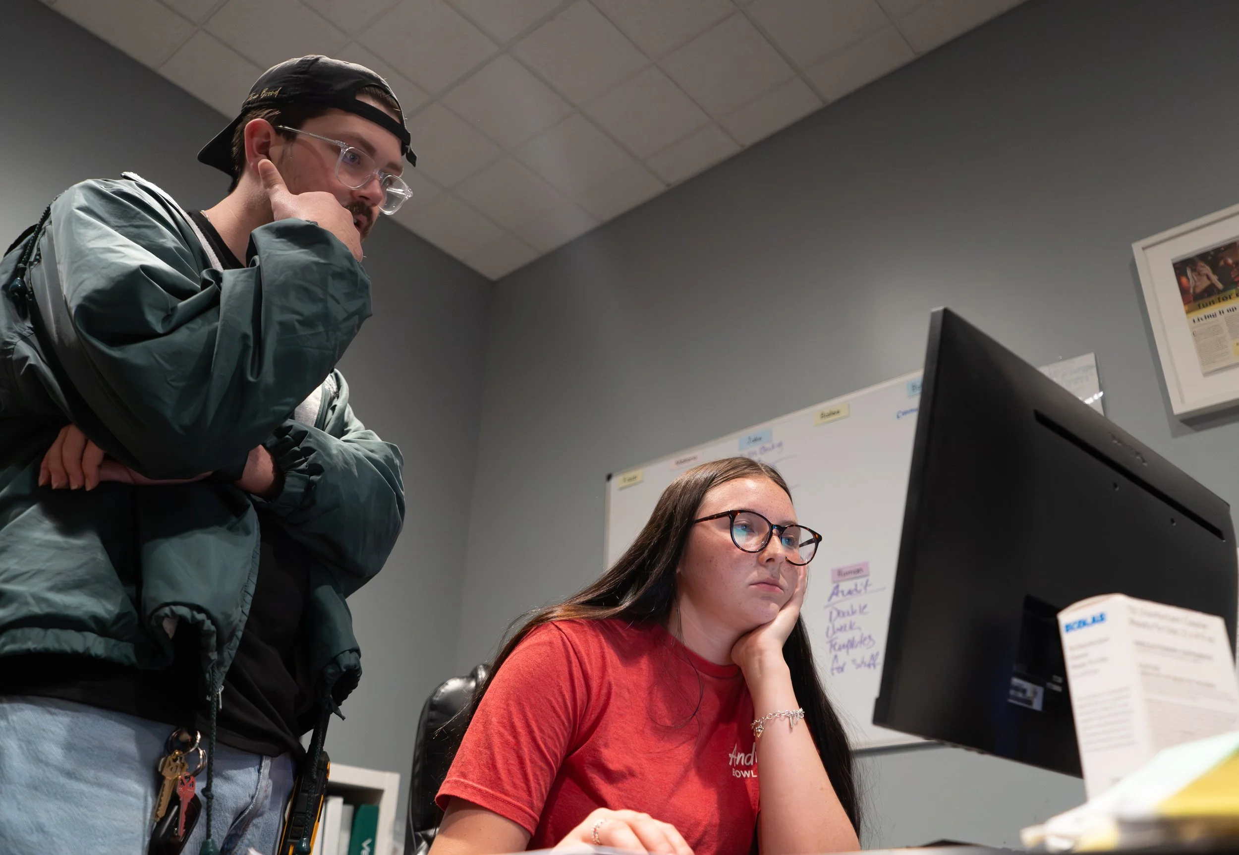 Makena and another manager, Jonah Lawrence, look to solve an issue with tip-outs while
closing. Staff such as the servers get tipped out every night, so money always has to add up.