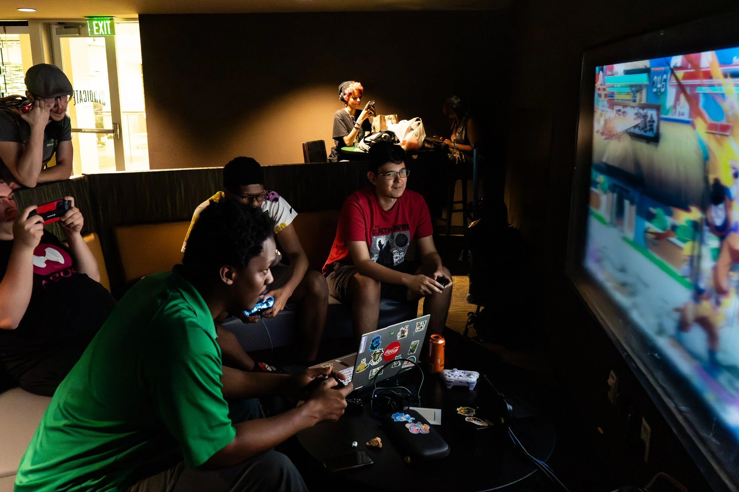 Game On
-
University of North Texas juniors Joshua J (green shirt) and Chris B (red shirt) play Dragon Ball FighterZ in the Syndicate above Union Burger on Wednesday evening in Denton, Texas. Students can check out television spaces in the Syndicate 