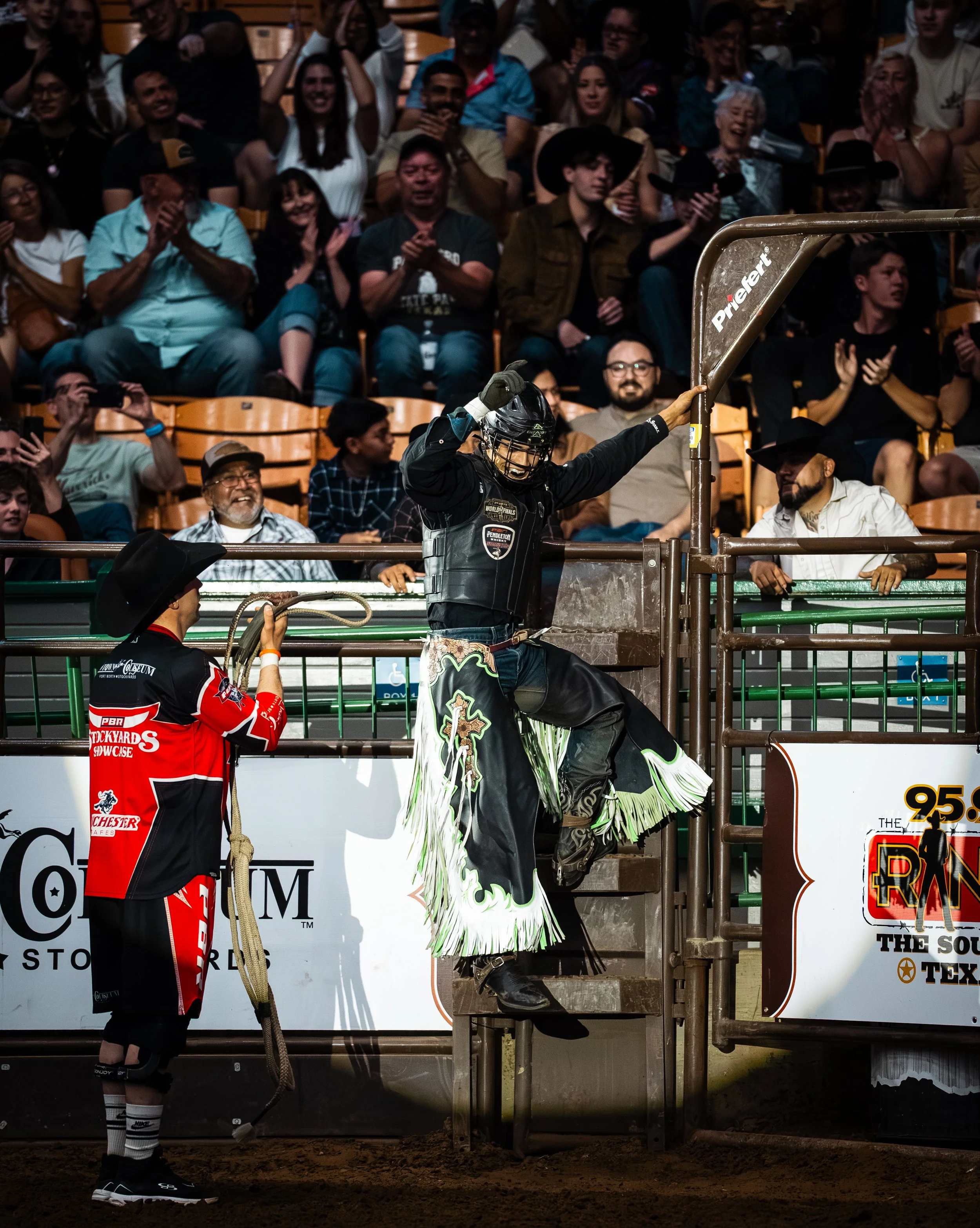 Taking Home The Win
-
Jean Carlos Teodoro celebrates his first place finish at the PBR Showcase at Cowtown Coliseum. Teodoro completed all of his rides and scored an 86.50 in the Championship round to take home the win.