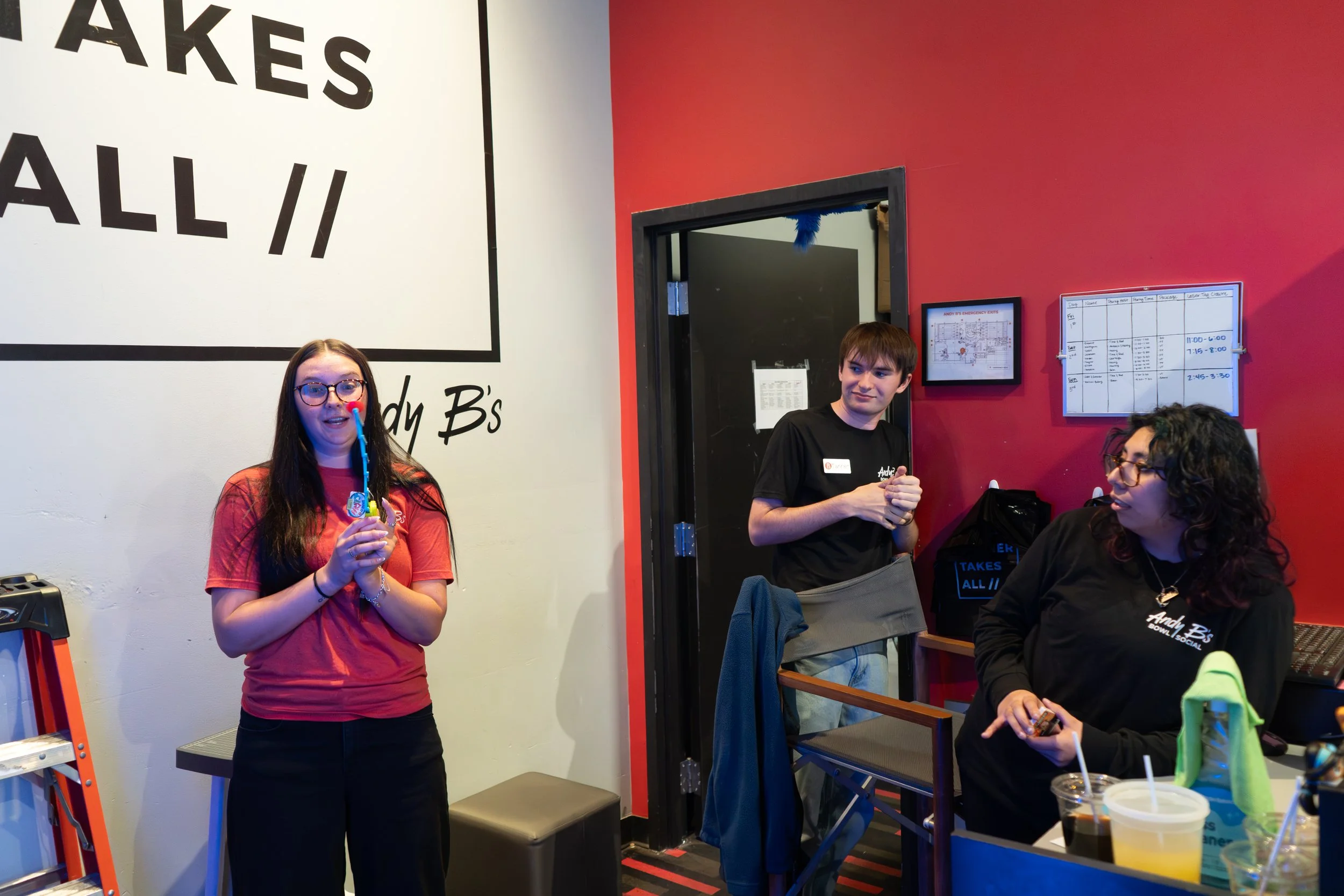 Free Time
-
Makena is the Guest Experience supervisor at Andy B's in Denton, TX. During her shift, she is
considered the "fun" manager, always trying out the new shipment of prizes.