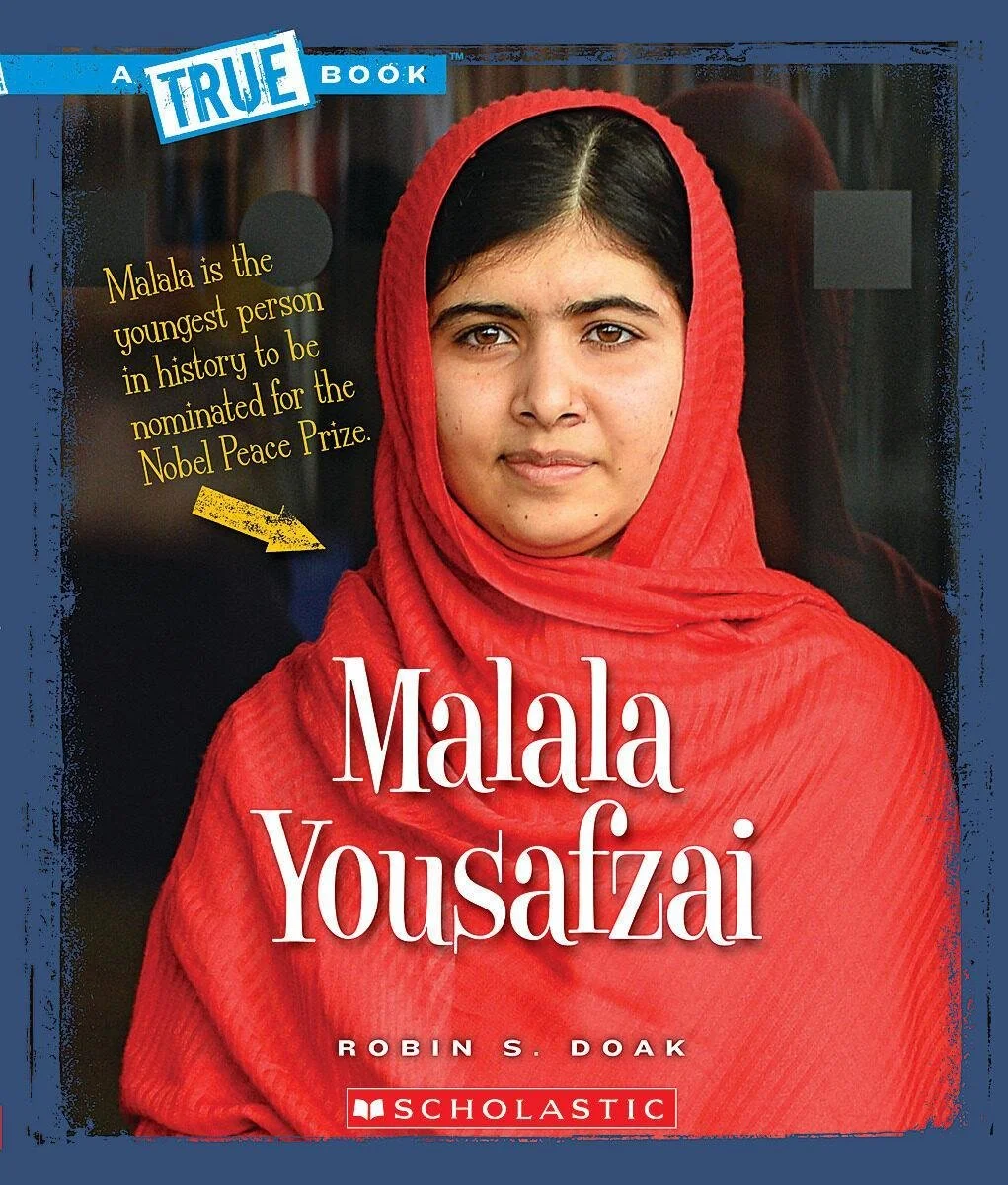 Book cover featuring Malala Yousafzai wearing a red headscarf. The title reads "Malala Yousafzai" with the author "Robin S. Doak" and the publisher "Scholastic" at the bottom. A yellow arrow points to a text box that states "Malala is the youngest person in history to be nominated for the Nobel Peace Prize."