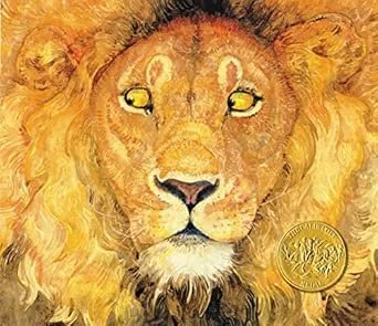 Close-up of a detailed, painted portrait of a lion's face with a golden mane.