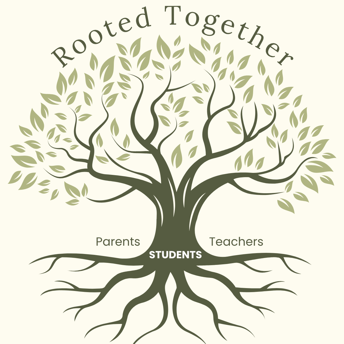 A tree diagram illustrating the community involved in education. The roots are labeled 'Parents,' 'Teachers,' and 'Students,' with the phrase 'Rooted Together' at the top, symbolizing unity in education.