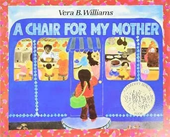 Children looking at a book titled "A Chair for My Mother" by Vera B. Williams displayed on a pink floral background.