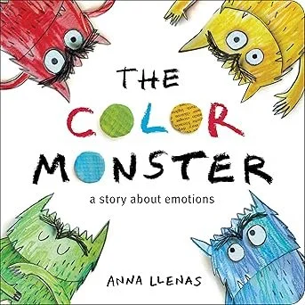 Colorful illustrated monsters surrounding a book cover titled "The Color Monster" with the subtitle "a story about emotions" by Anna Llenas.