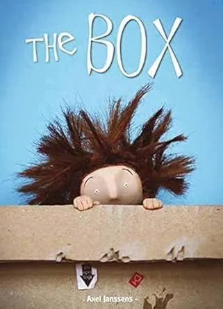 A puppet with spiky brown hair peeking over the edge of a cardboard box against a blue background that says 'The Box' in white letters.