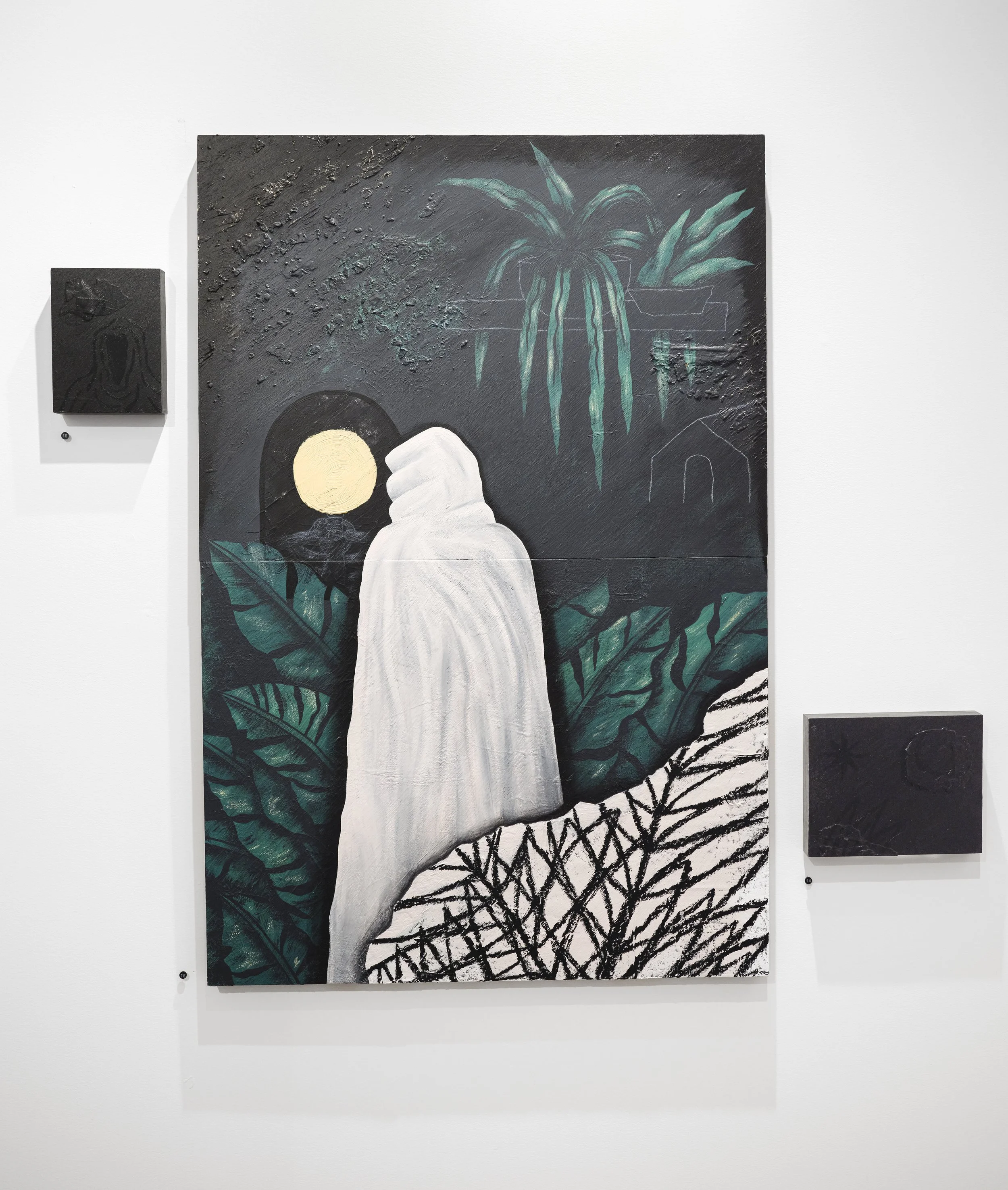 A painting of a woman in a white hooded cloak looking at a full moon through a dark window, surrounded by large green leaves and plants, with a house outline and moon in the background.