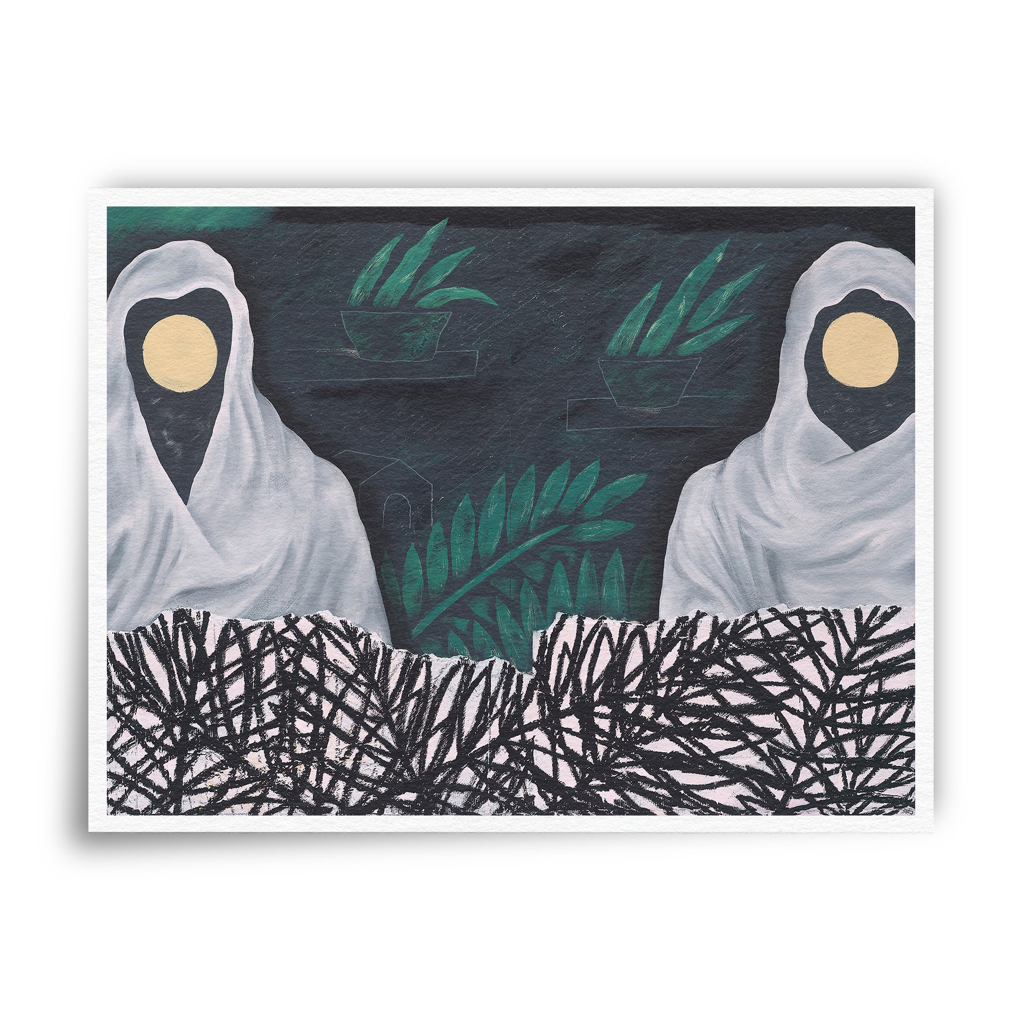 Fine art print of a painting featuring two grim reapers, houseplants, and palm leaves..