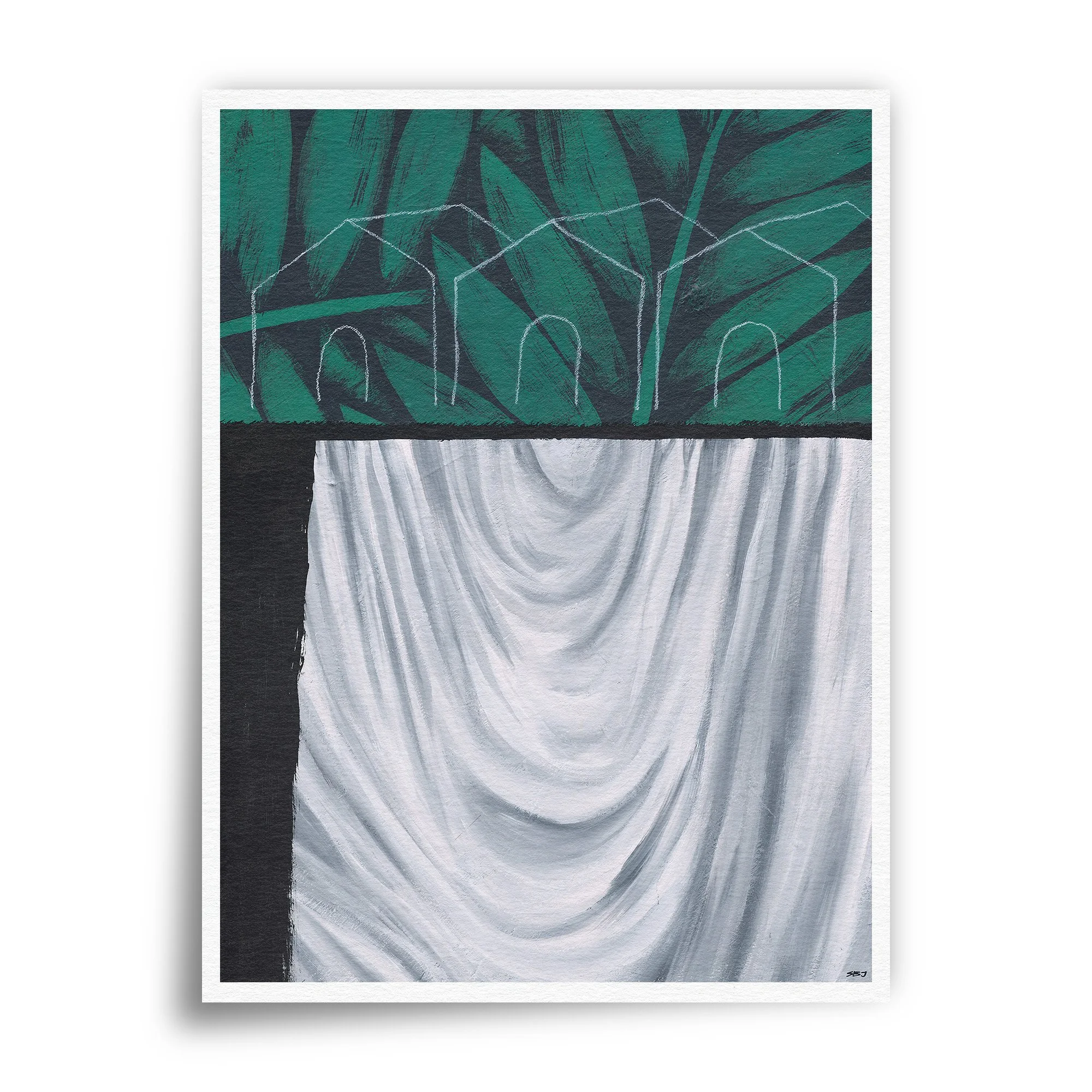 Fine art print of a painting featuring palm leaves, bed sheets, and simplistic house drawings.