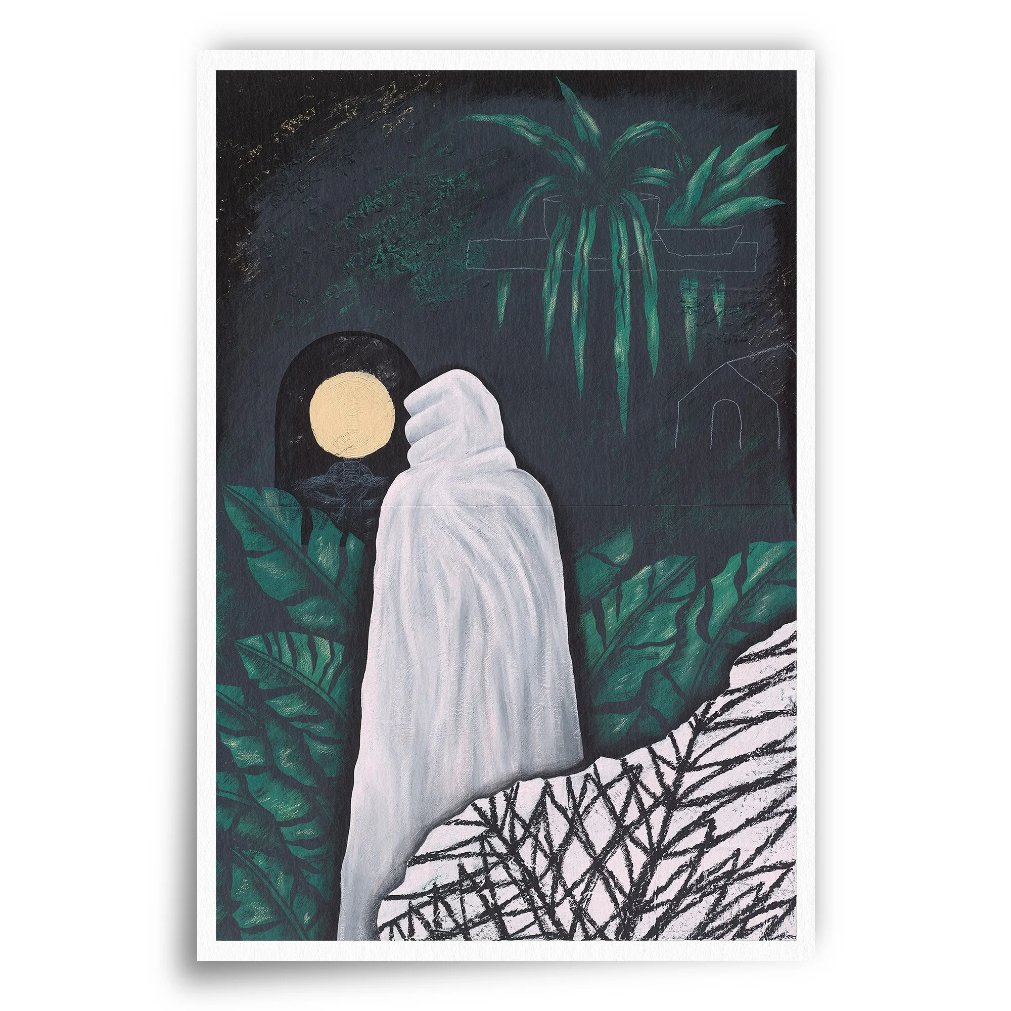 Fine art print of a painting featuring a reaper looking in the mirror and numerous plants..