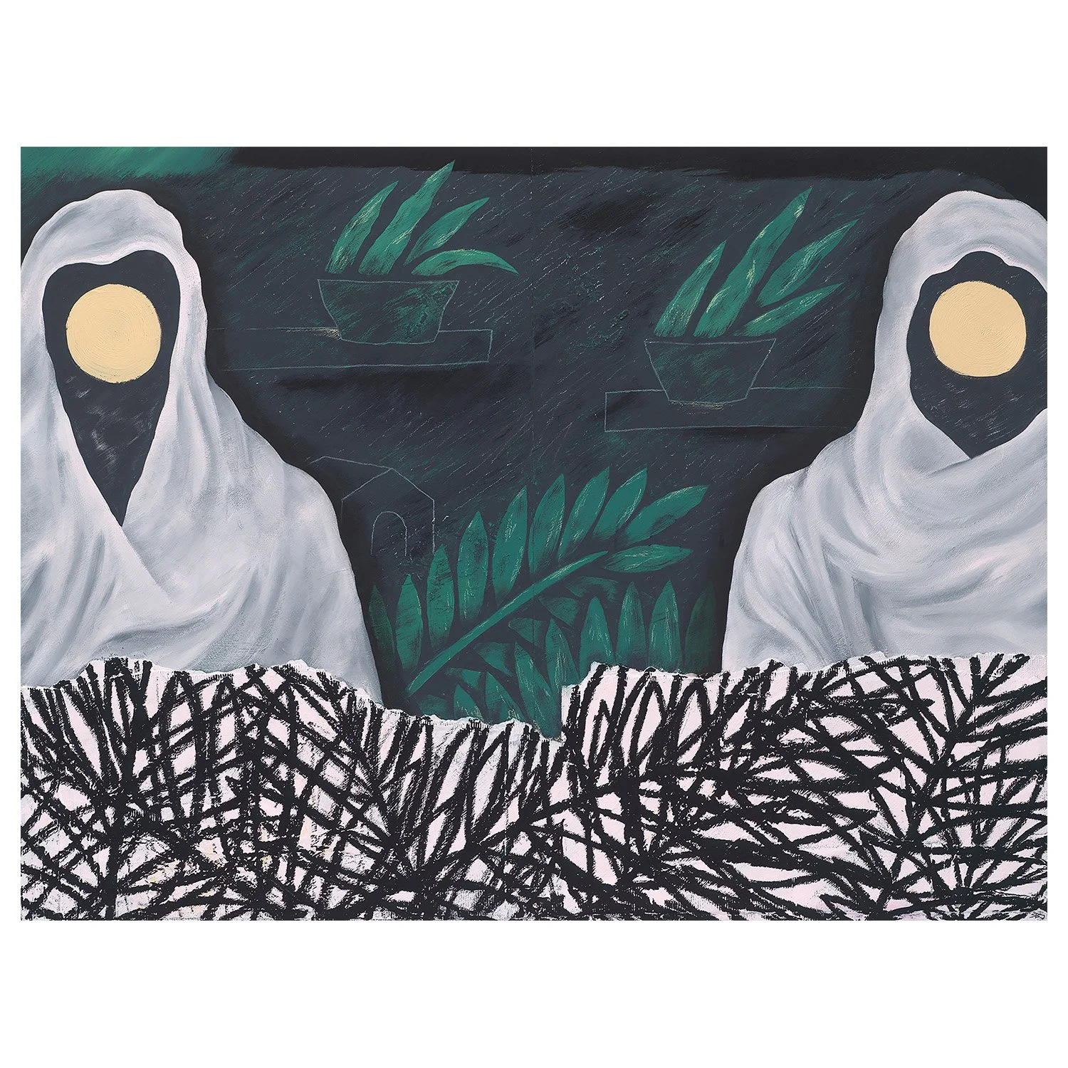 Sleep & His Half Brother Death
48" x 64"
Acrylic, white charcoal, oil pastel, & found material on handmade wood panels.