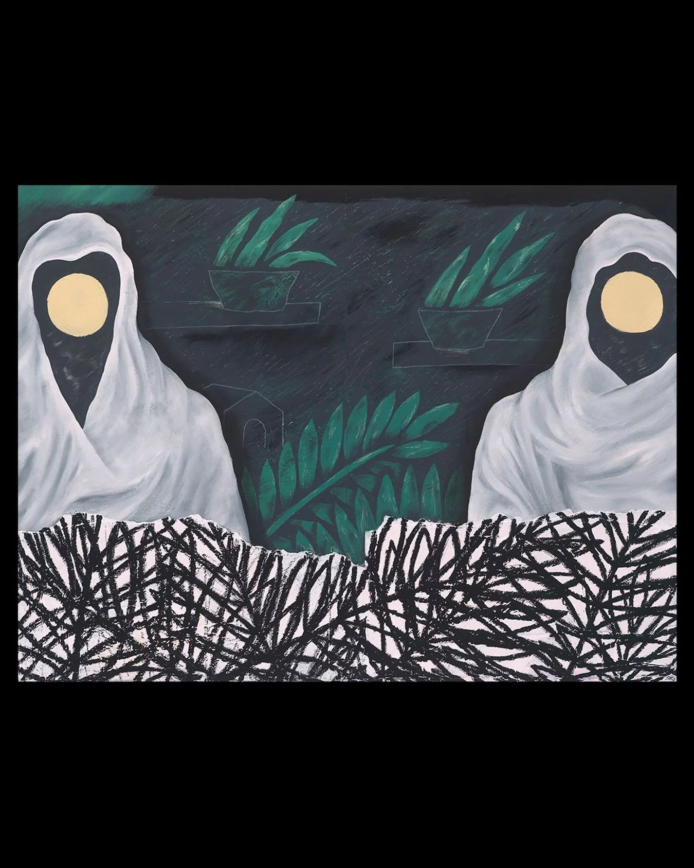 Sleep &amp; His Half Brother Death
48&rdquo; x 64&rdquo;
Acrylic, oil pastel, white charcoal, &amp; found material on wood panels
SOLD (😘 @therealahdrikent)