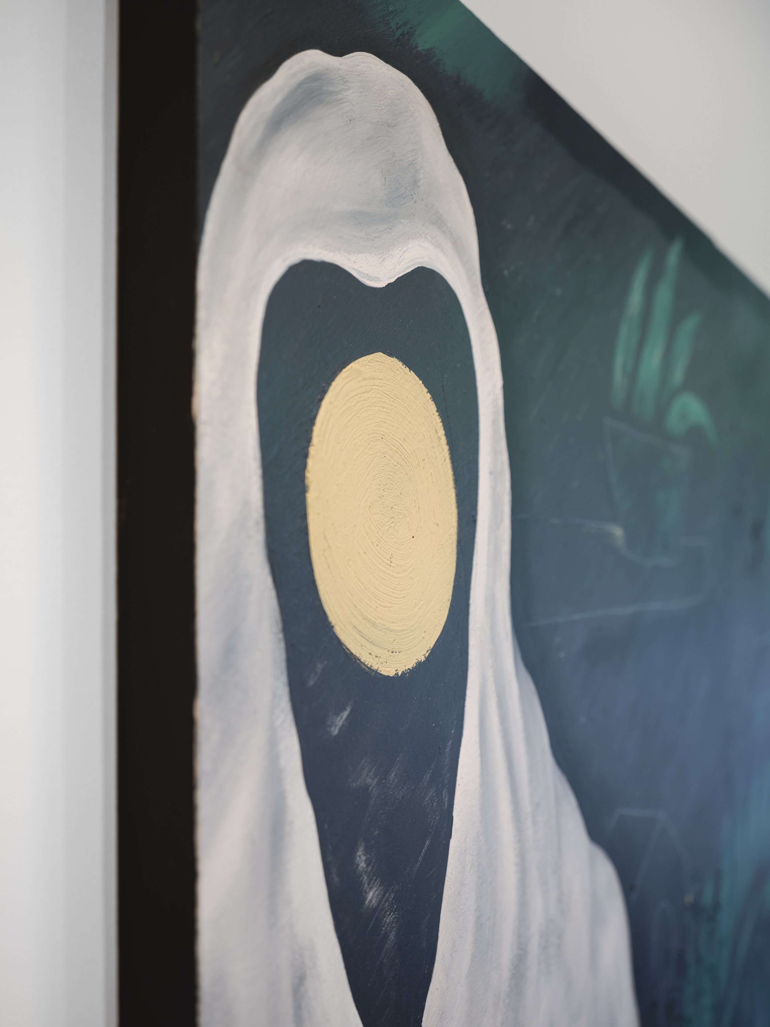 Close-up of an abstract painting of a fried egg on a dark background with a white border.