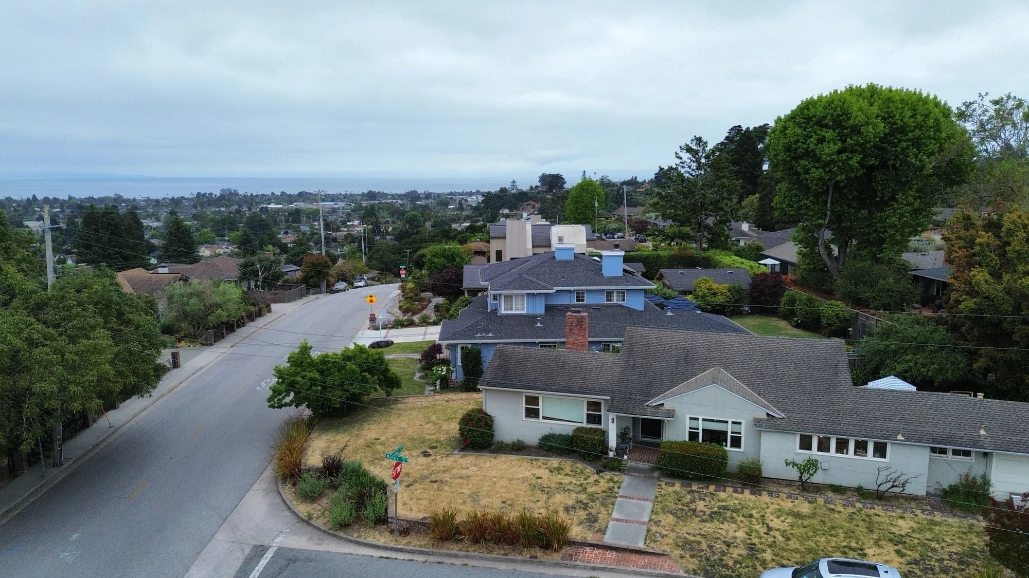 Aerial view of a suburban neighborhood with several houses, trees, and a curved street, under a cloudy sky.