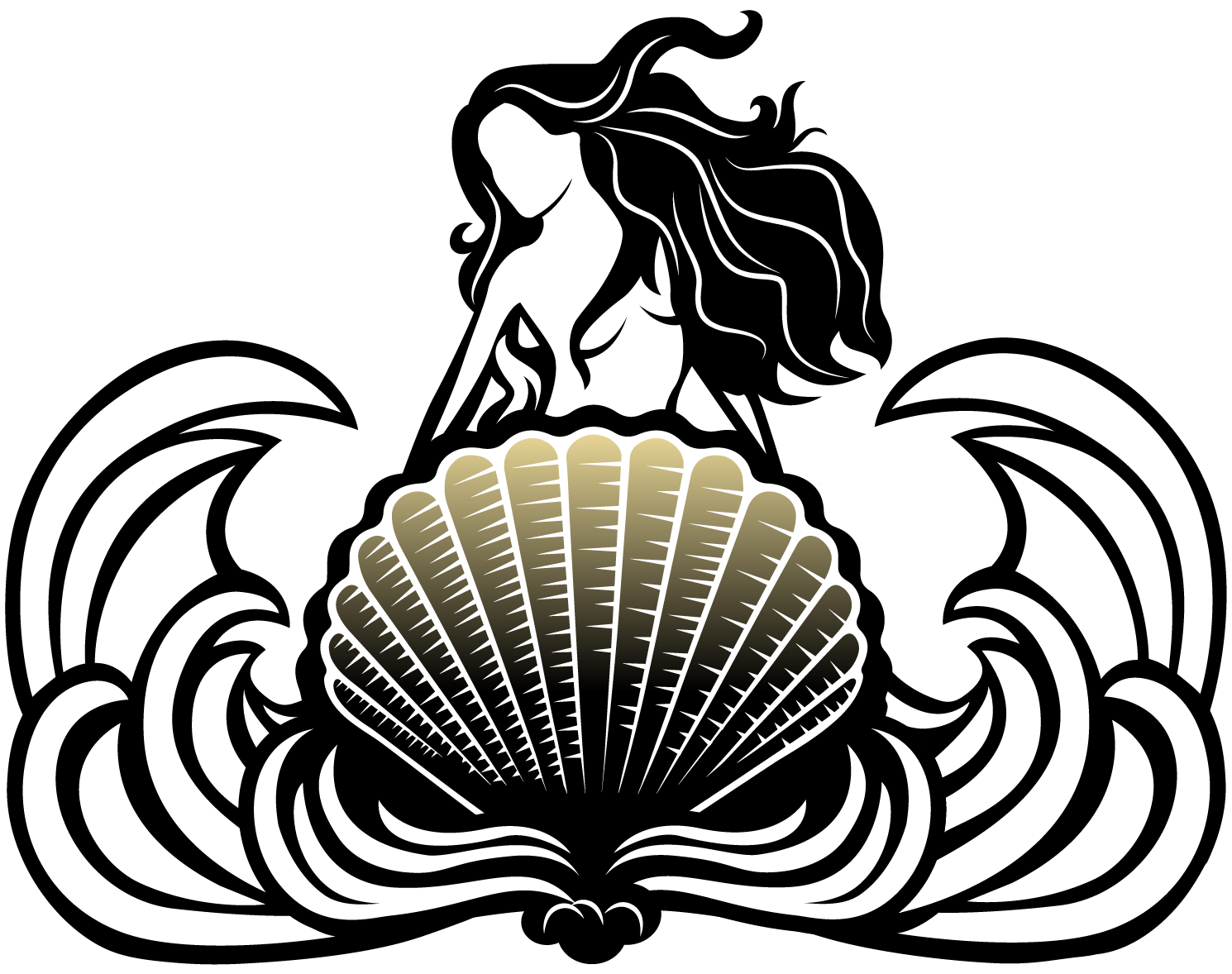 Stylized black and white illustration of a mermaid emerging from the sea, with flowing hair and large waves surrounding a prominent seashell.