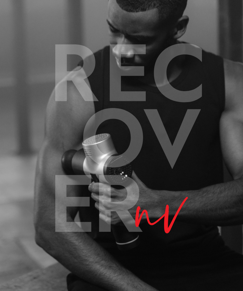 Black and white photo of a man in athletic clothing holding a massage gun, with the words "RECOVERY" overlayed in large letters and "nW" in red script.