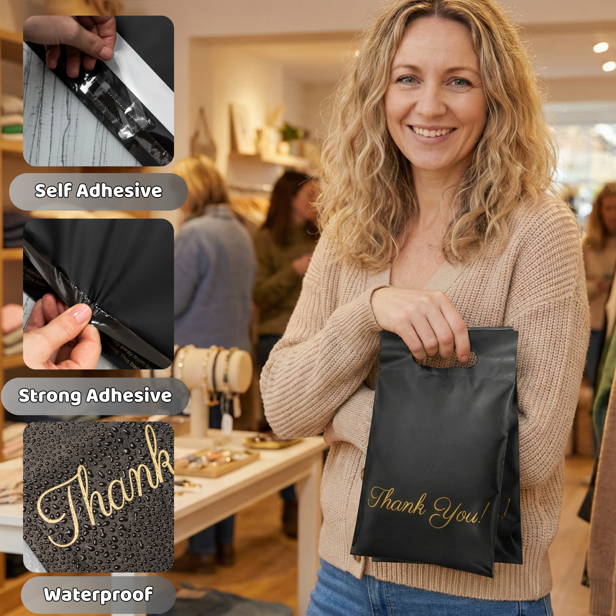A woman holding a black waterproof gift bag with gold lettering that says 'Thank You!' inside a store or cafe with other people and displays in the background.
