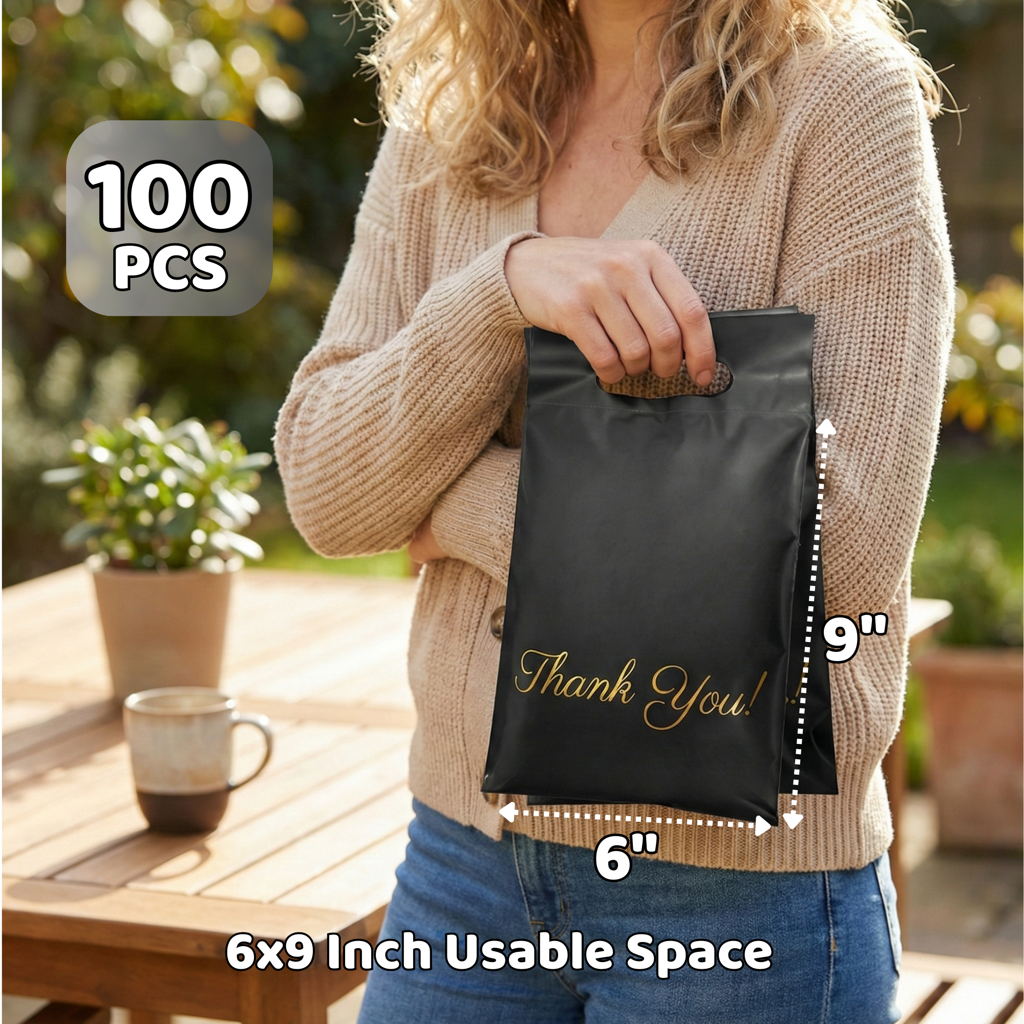 A woman holding a black decorated thank you gift bag outdoors in sunlight, with a potted plant, a coffee mug, and wooden table in the background. The bag measures 6 inches by 9 inches and holds 100 pieces.