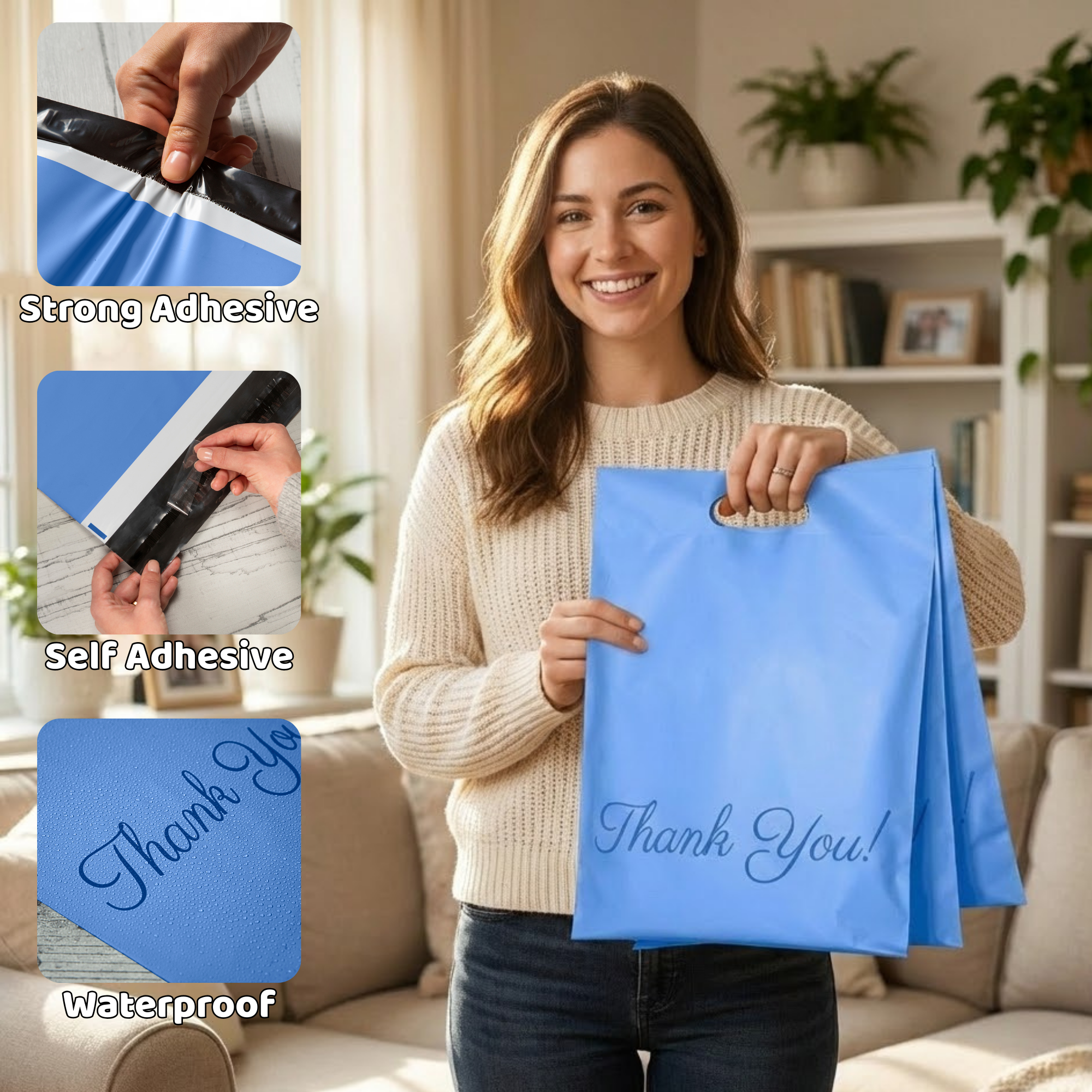 Woman holding a blue waterproof gift bag with 'Thank You!' printed on it, smiling in a cozy living room.