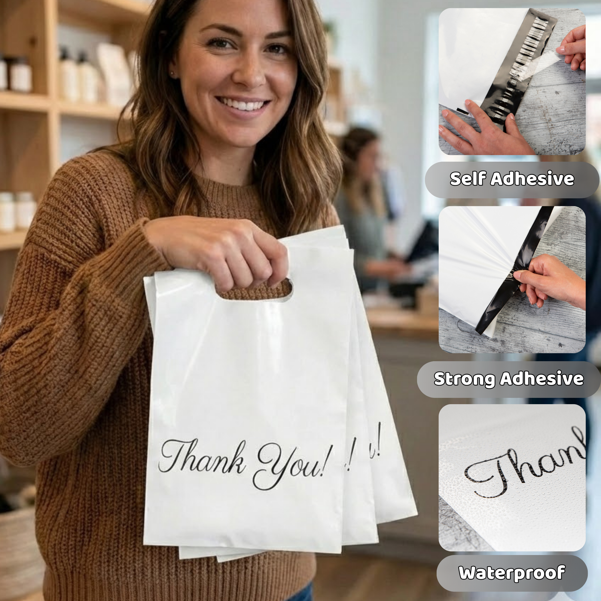 A woman in a brown sweater holding a white gift bag that says 'Thank You!' with a smile. The image highlights different types of adhesive tapes: self-adhesive, strong adhesive, and waterproof.