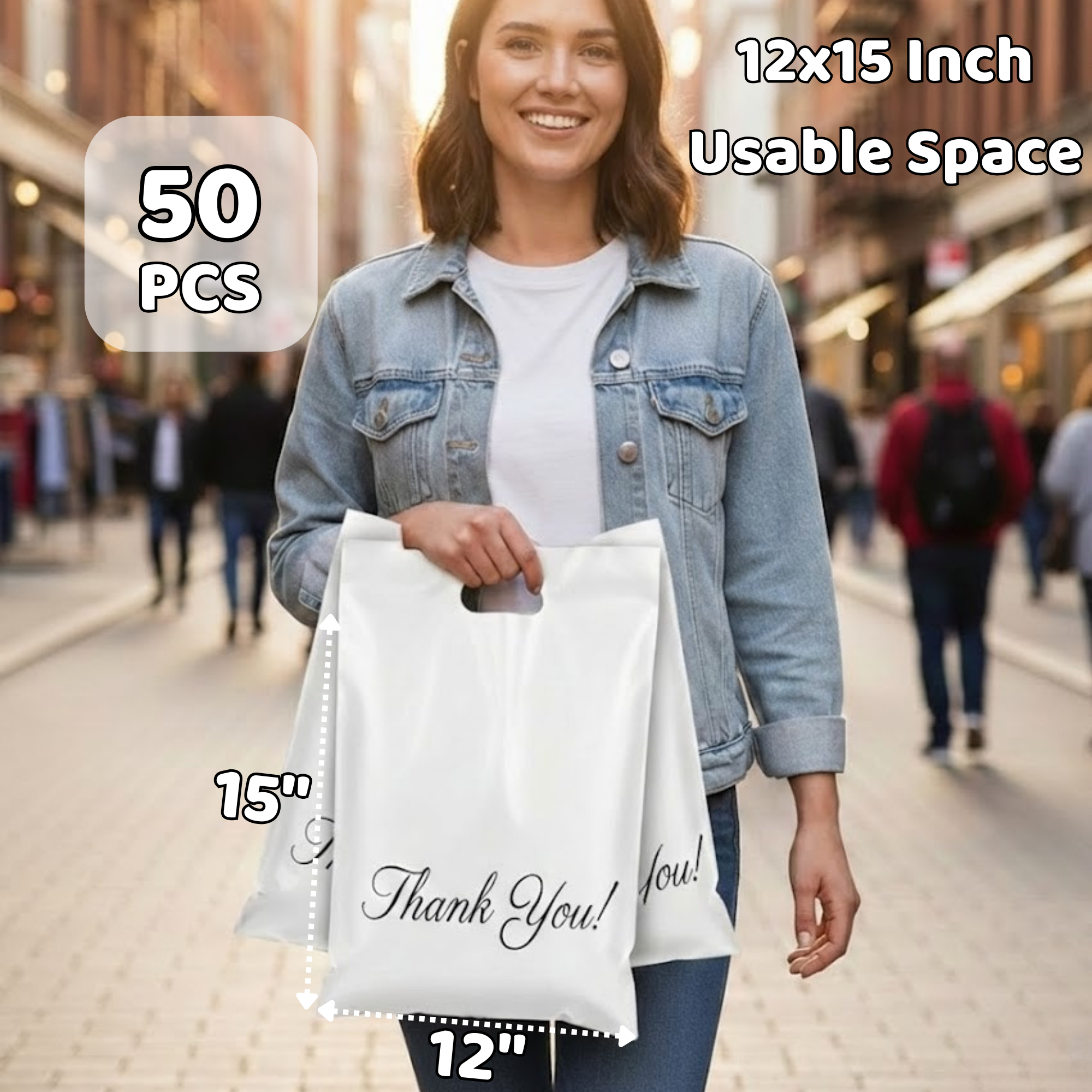 A smiling woman walking outdoors in an urban shopping area, holding a white reusable shopping bag with 'Thank You!' written on it. The image includes text indicating the bag's dimensions (12x15 inches), usable space, and quantity (50 pieces).