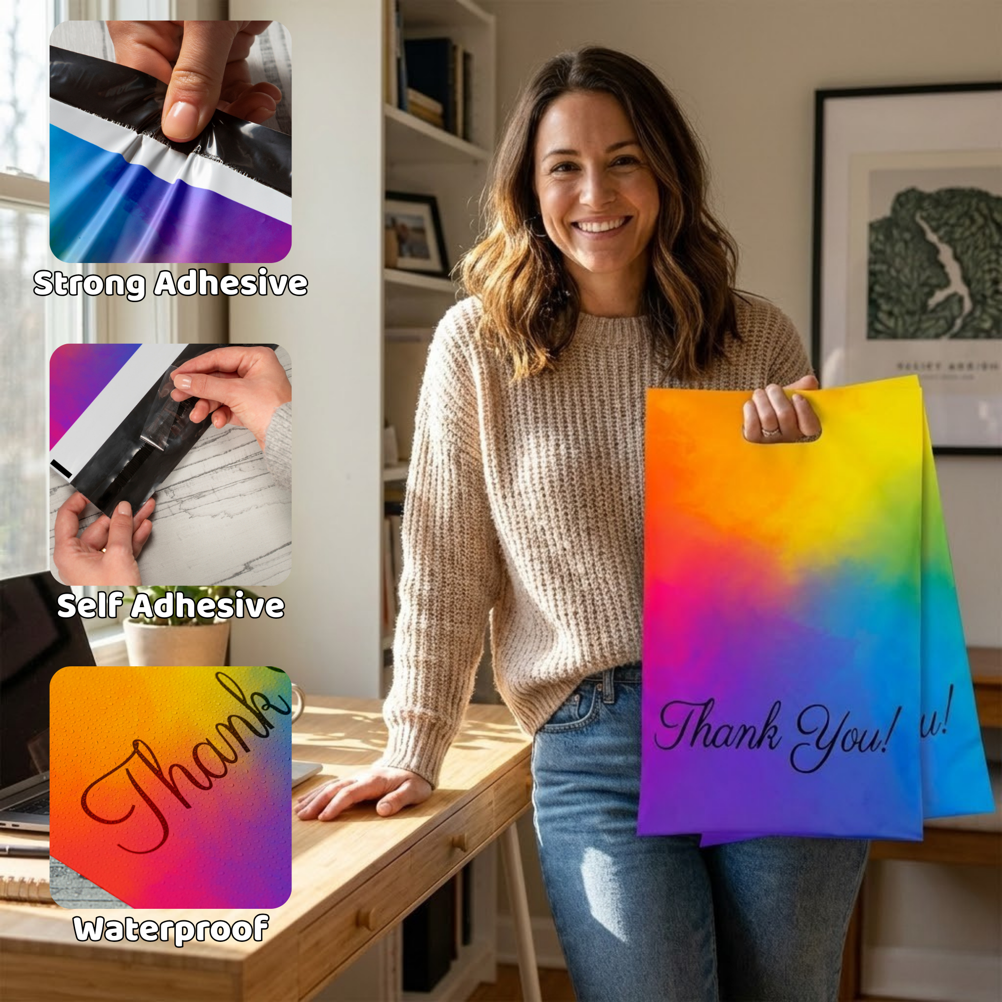Woman smiling and holding a colorful rainbow thank you card with special waterproof and self-adhesive features.