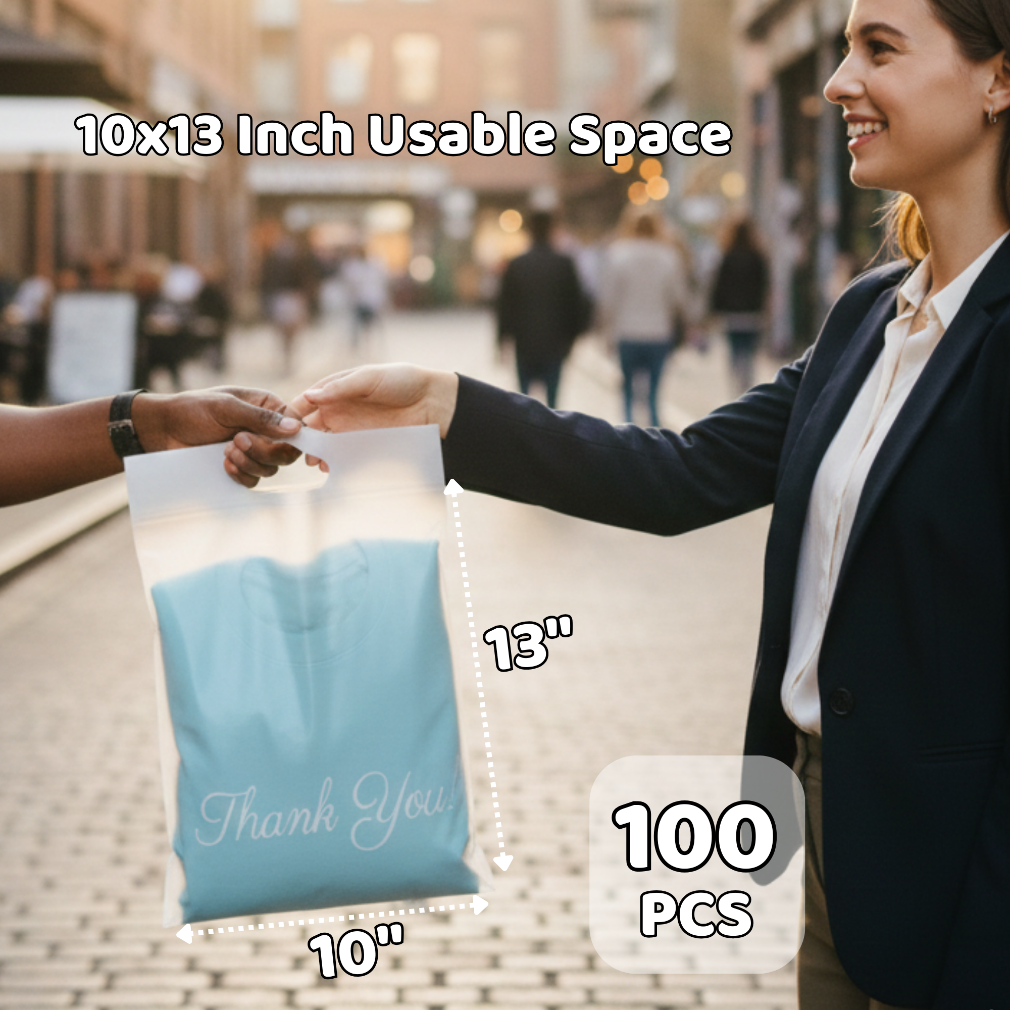 A woman in a dark blazer exchanging a plastic bag with a blue shirt that says 'Thank You' on a city street.
