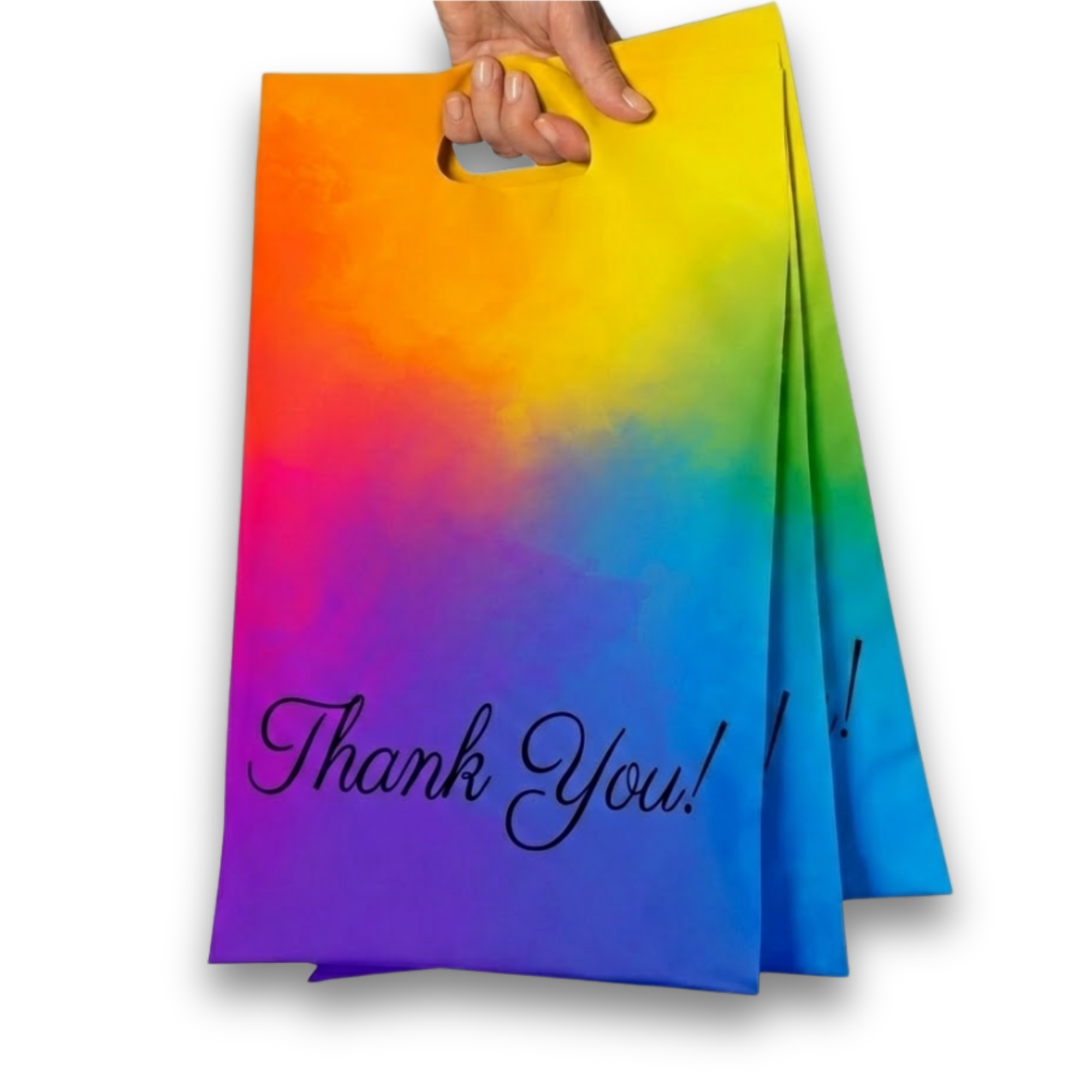 Colorful gift bag with rainbow gradient and 'Thank You!' written in black cursive text.