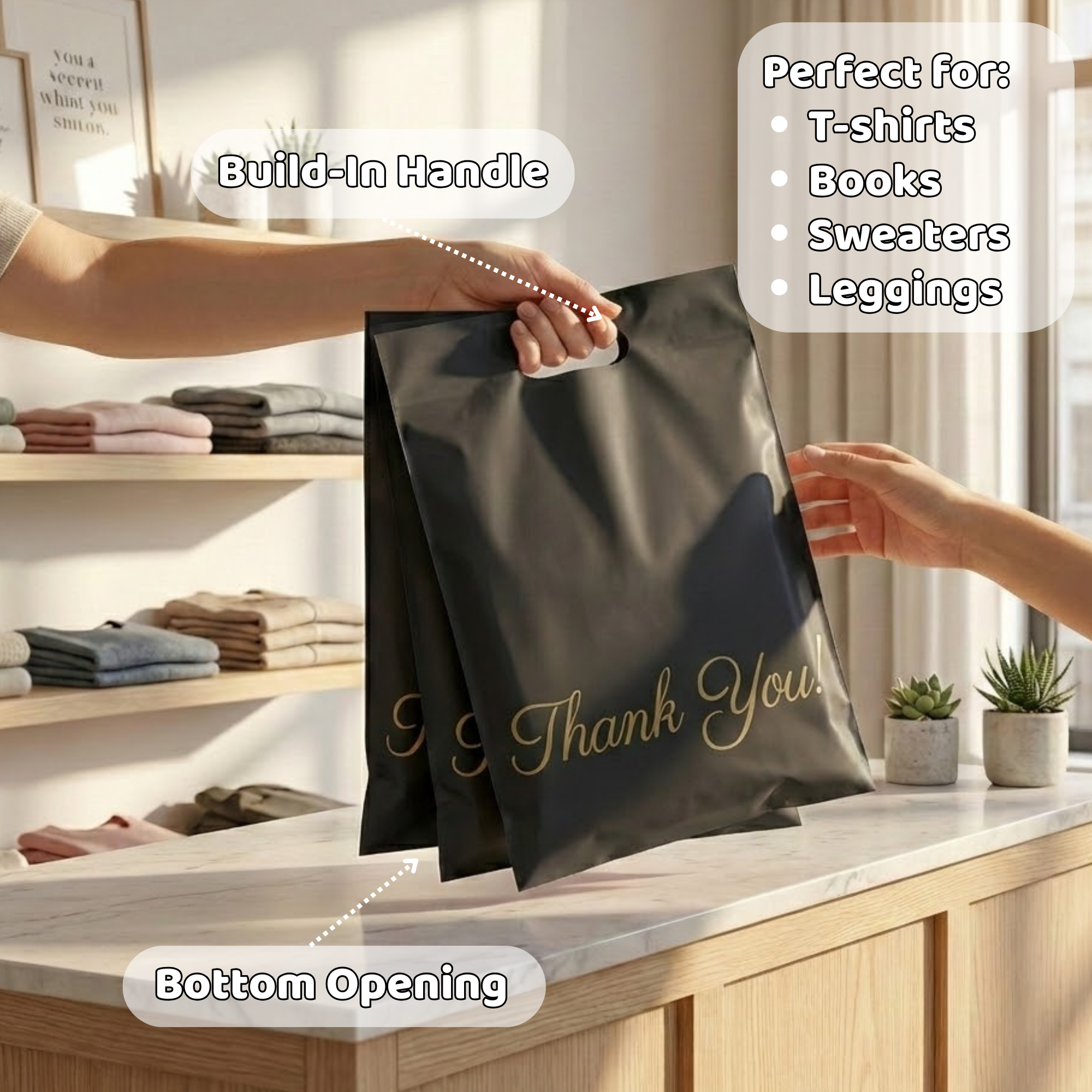 Two black gift bags with gold 'Thank You!' writing, being handed over at a counter in a retail or cafe setting, with labels pointing to the handle and bottom opening, with text describing their use and features.