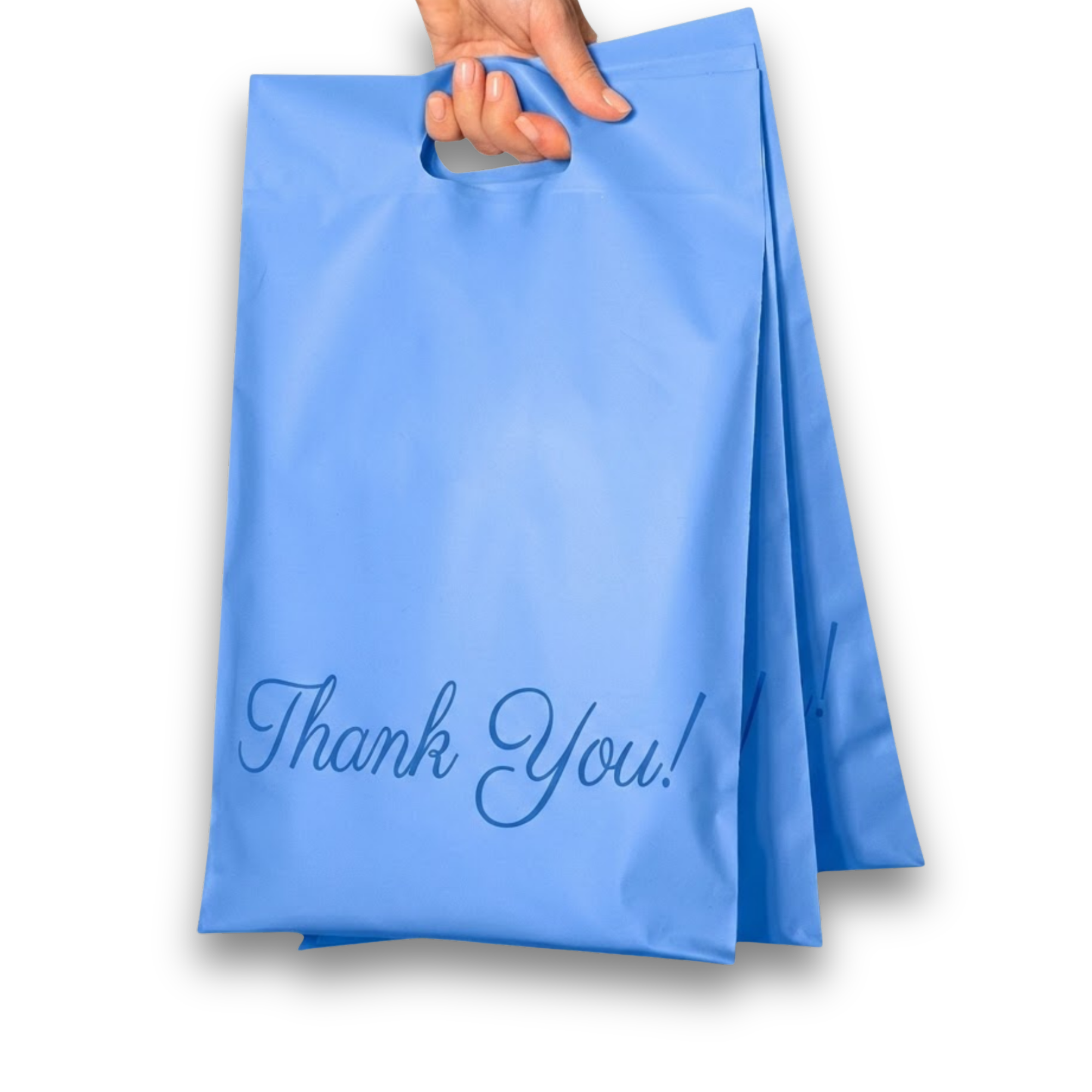 A person holding a blue gift bag with the words "Thank You!" printed on it.