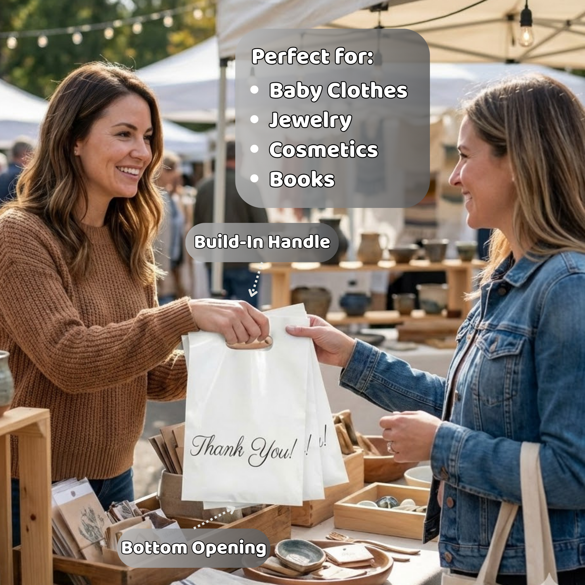 Two women exchanging a white shopping bag with a built-in handle at an outdoor market. The woman on the left is smiling and wearing a brown sweater, while the woman on the right is receiving the bag and is dressed in a blue denim jacket. The market stall has wooden displays with various items, and there are white tents and trees in the background.
