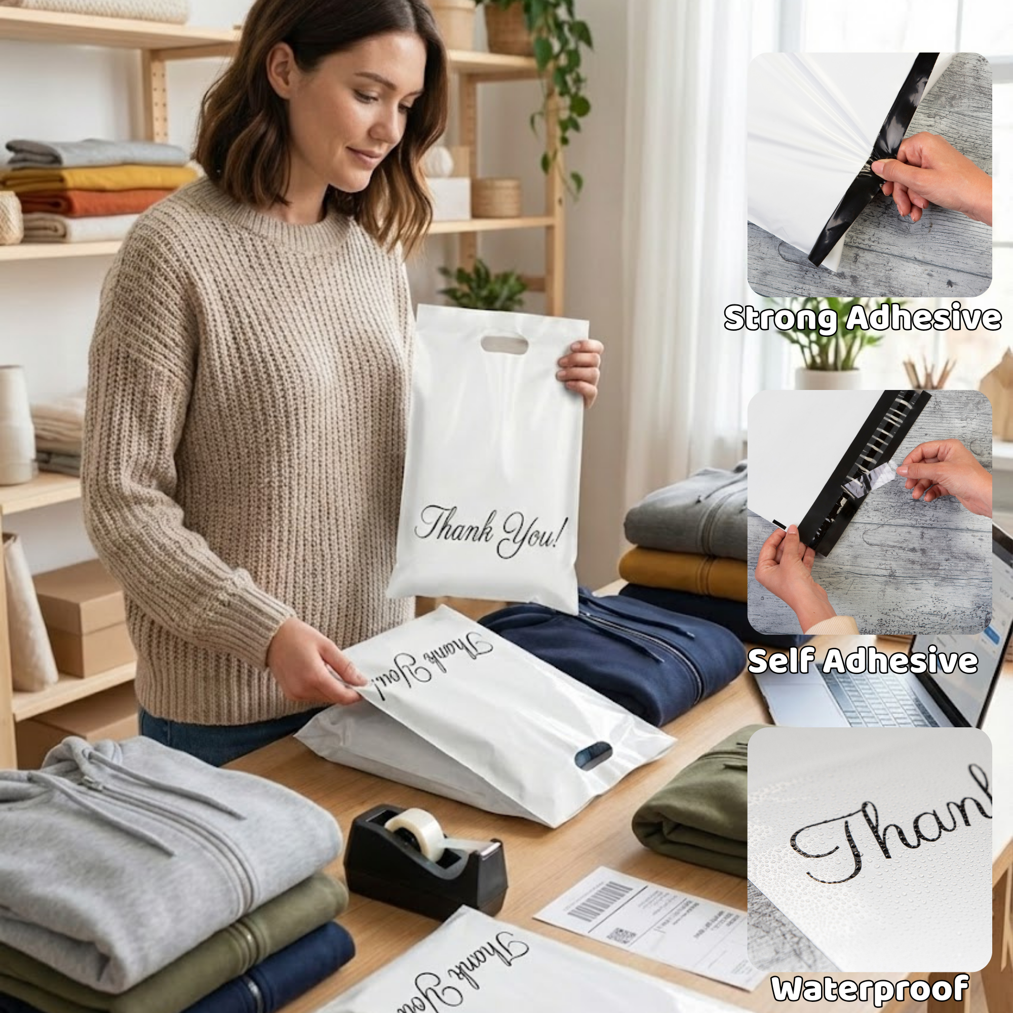 A woman packaging items with custom printed thank you bags, highlighting features like waterproof material, self-adhesive seal, and strong adhesive.