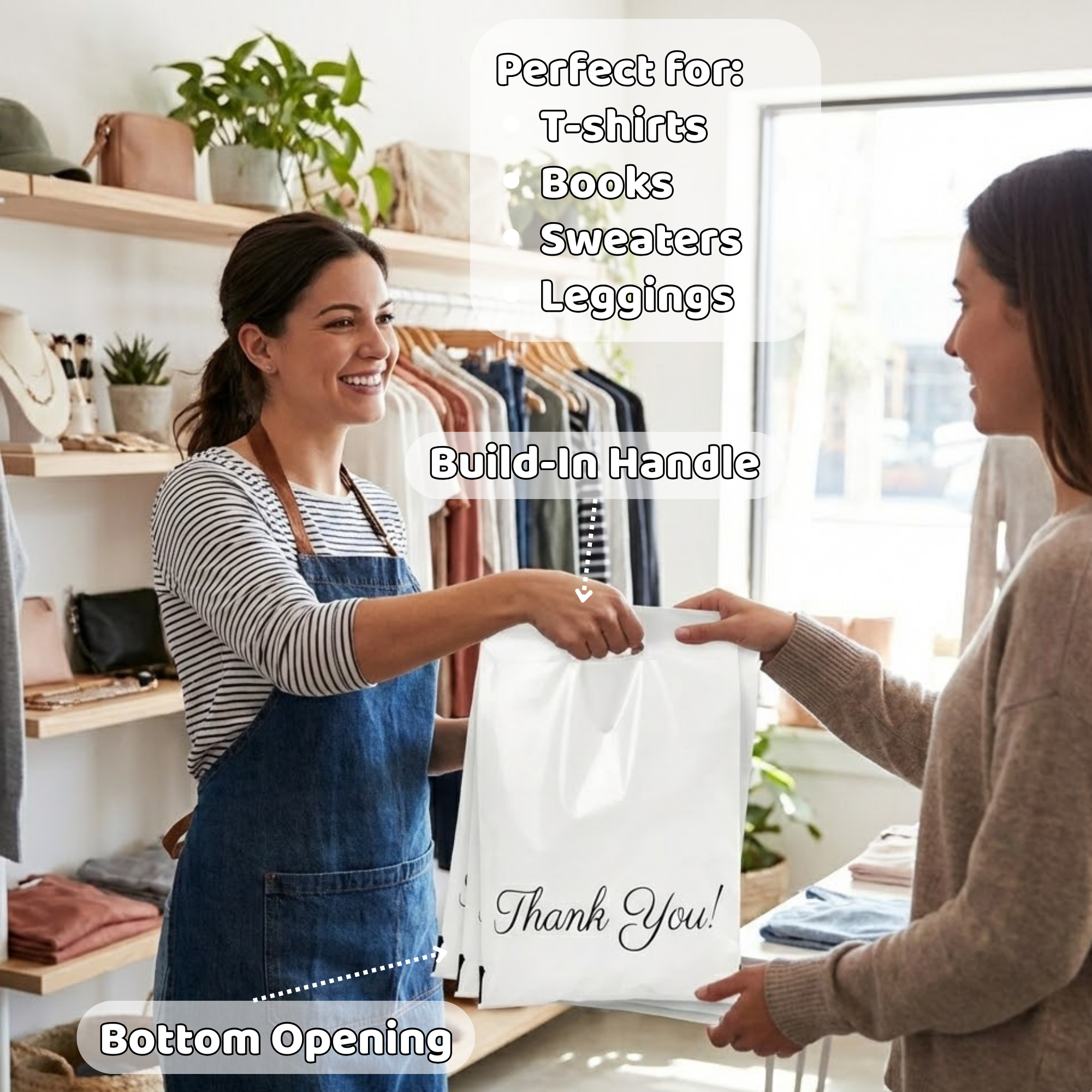 A woman at a clothing store points with her right hand, giving a white shopping bag with 'Thank You!' printed to a customer with her left hand. The woman is wearing a striped shirt and denim apron. The store has shelves with bags and clothing. Natural light comes through a large window.