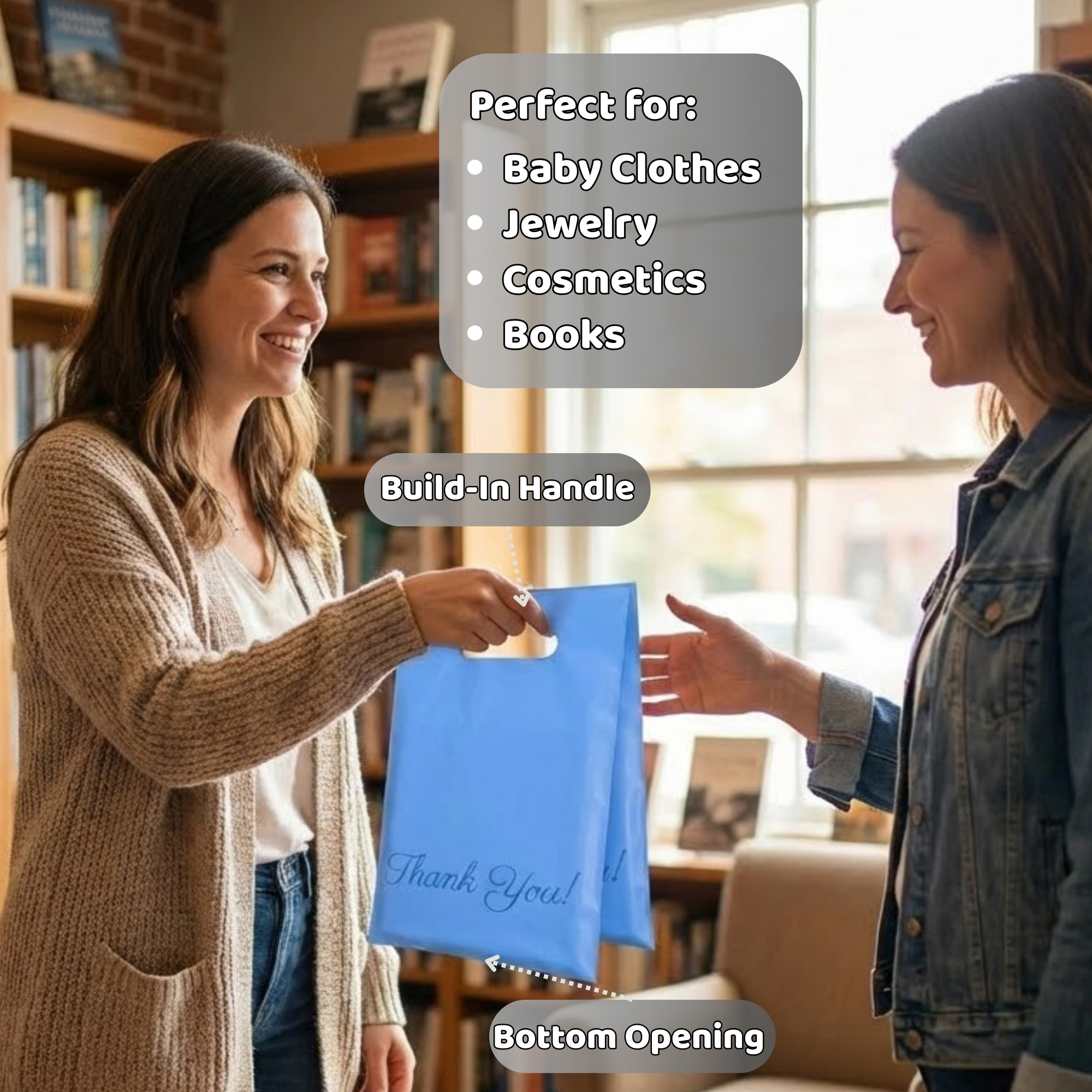 Two women exchanging a blue bag with a handle in a room with bookshelves and a window. Text overlays identify the bag as a gift bag with a built-in handle, perfect for baby clothes, jewelry, cosmetics, and books, with a bottom opening.