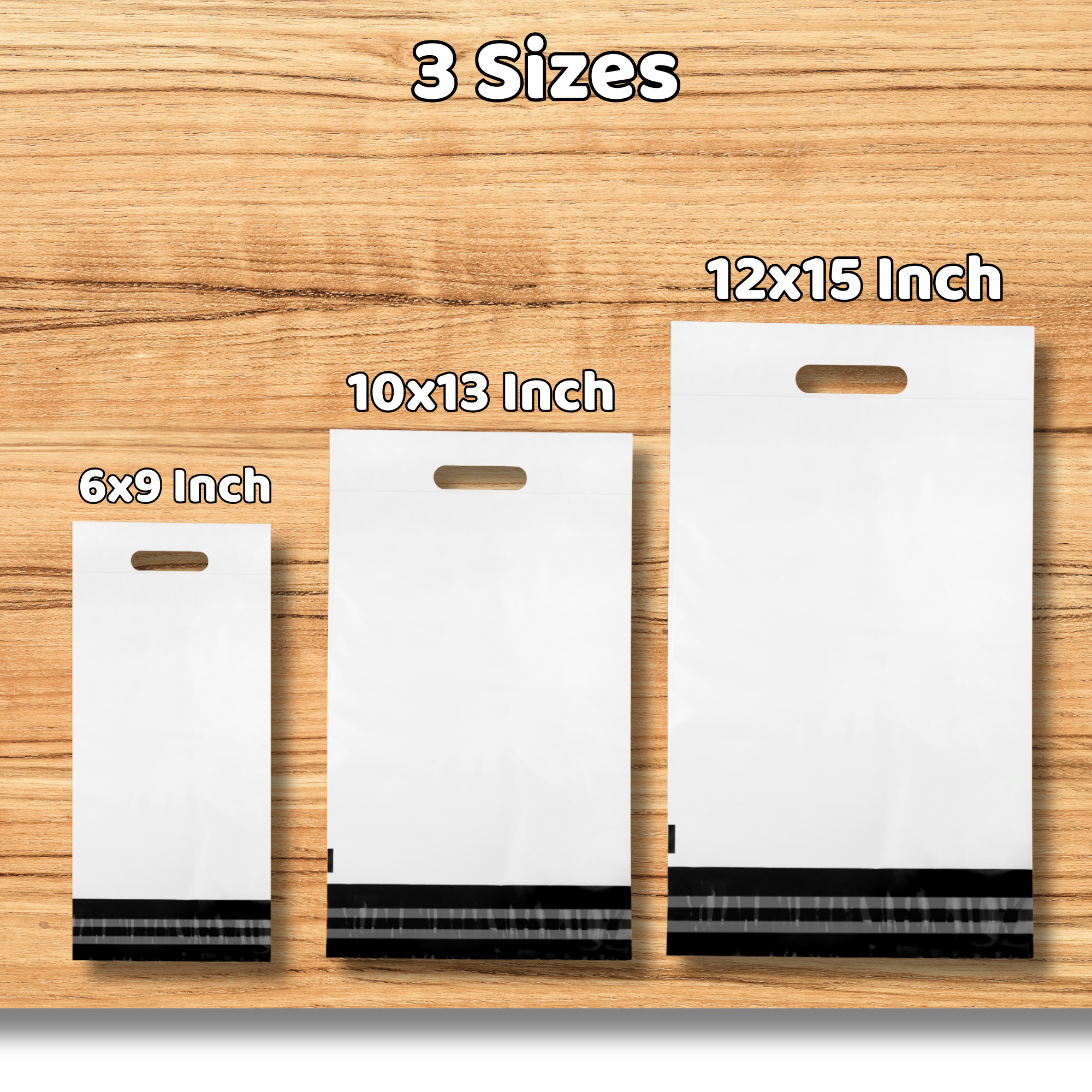 Three white paper bags of different sizes with handle cutouts displayed on a wooden surface. The first bag is 6x9 inches, the second is 10x13 inches, and the largest is 12x15 inches, with labels above each indicating their dimensions.