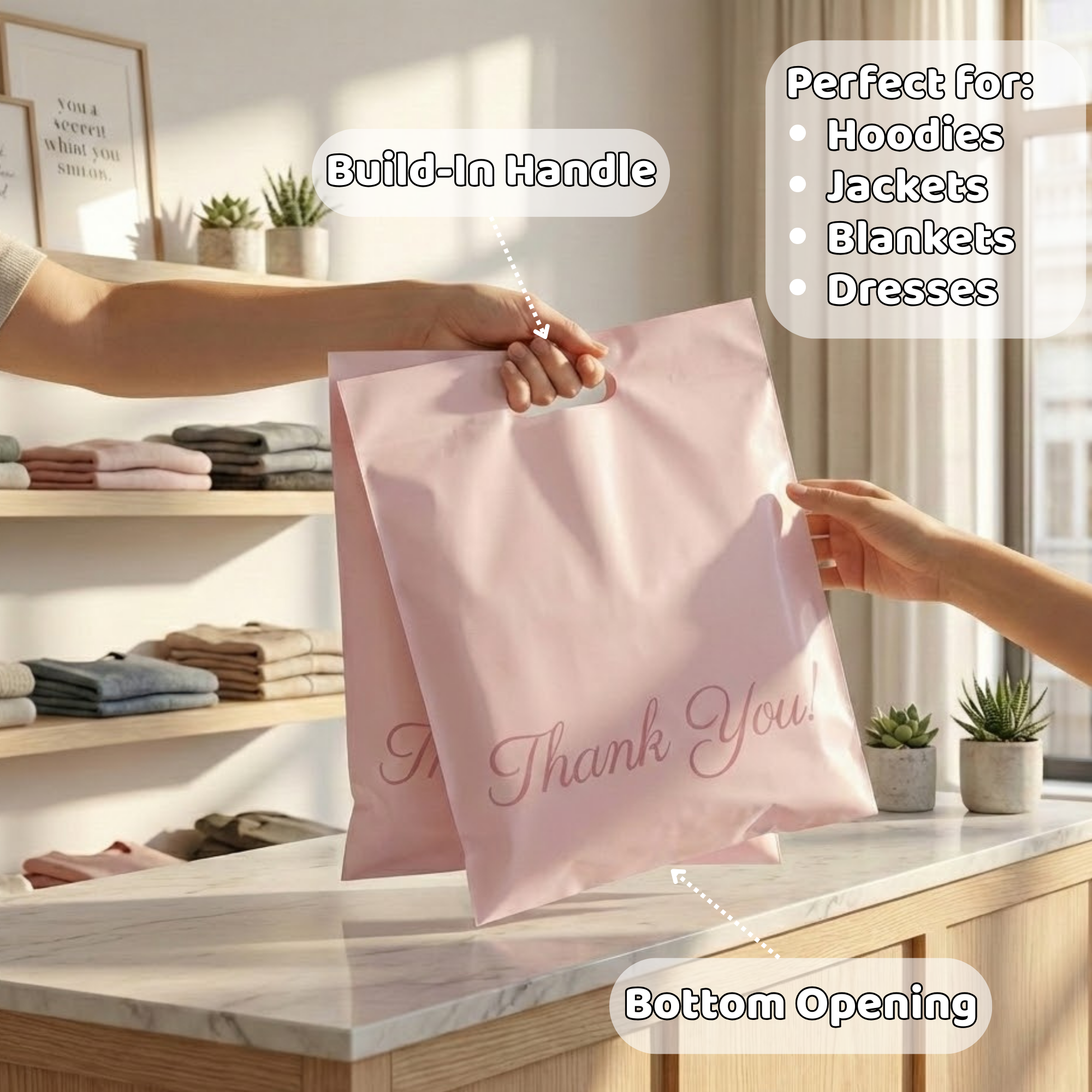 Person handing over a pink shopping bag with a built-in handle and bottom opening to another person at a store counter. The store has folded clothes on shelves and potted plants on the counter. The bag has a ‘Thank You!’ message printed on it.